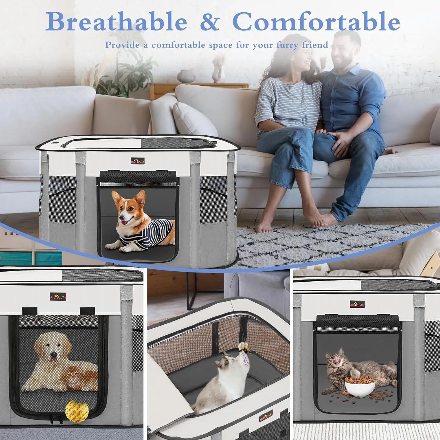 Aivituvin Dog Playpen, Portable Cat Pet Play Pen for Travel Camping Use, Foldable Dog Kennel Tent Crate with Carrying Bag for Indoor Outdoor Small Animals Grey S