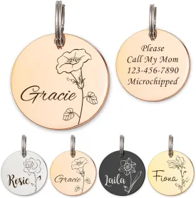Anavia Floral Pet ID Tags, Birth Month Flowers Theme Dog Tag Round Bone Shape Cat Name Tag, Glossy Stainless Steel Gold Plated Dog Collar Tag (Round - Single Stem - Rose Gold, Medium)