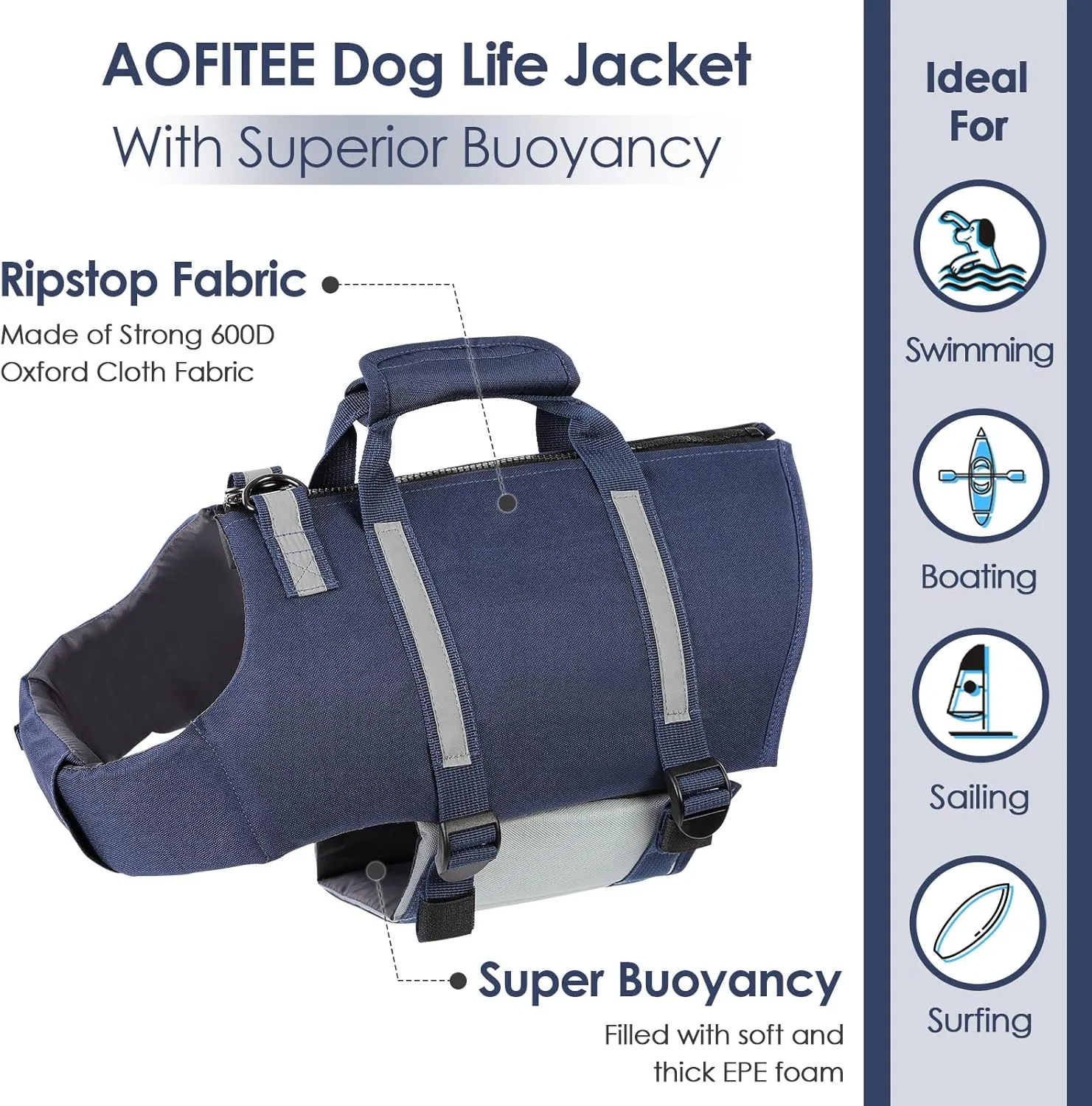 AOFITEE Dog Life Jacket High Flotation, Dog Life Vest for Swimming, Reflective Medium Dog Swimming Vest, Adjustable Dogs Swimsuit Lifesaver with Zipper and Rescue Handle for Small Medium Large Dogs
