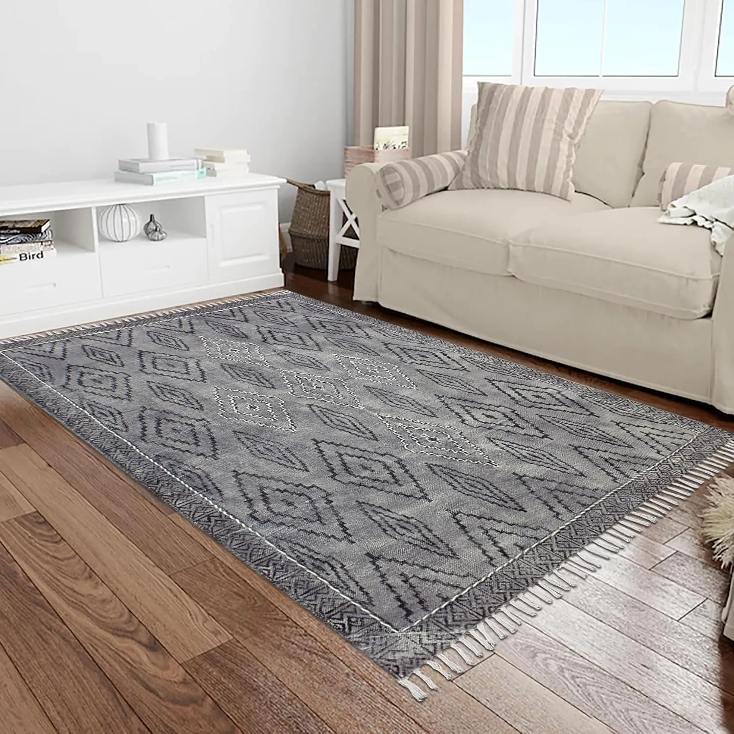 Collection Square Rug - 8x8 Ft Dark Gray & Black Cotton Dhurrie Moroccan Kilim Rug Indoor Outdoor Use Carpet Flatweave Rug High Traffic Area in Bedroom Bedside Custom Mat & Dining Table