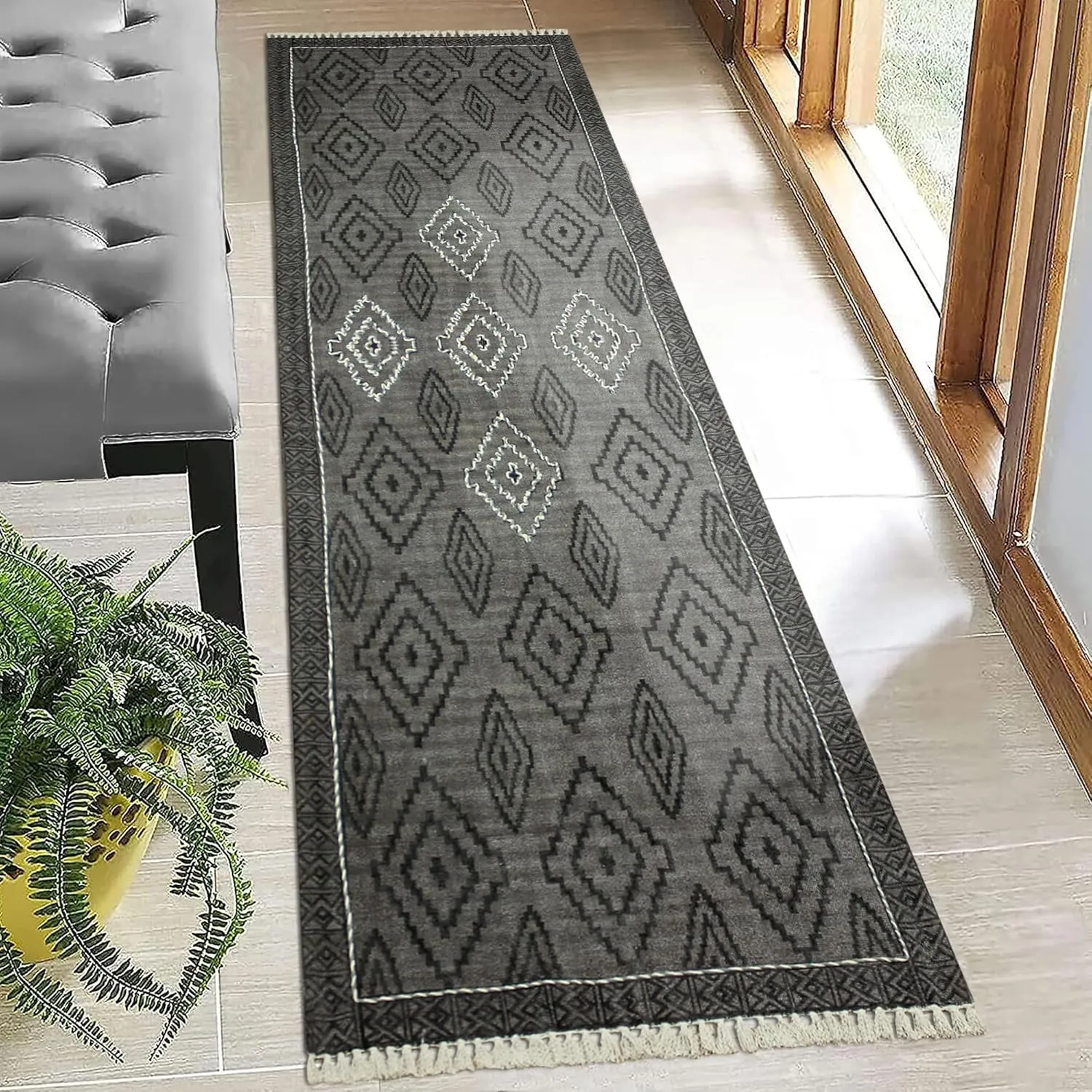 Collection Square Rug - 8x8 Ft Dark Gray & Black Cotton Dhurrie Moroccan Kilim Rug Indoor Outdoor Use Carpet Flatweave Rug High Traffic Area in Bedroom Bedside Custom Mat & Dining Table