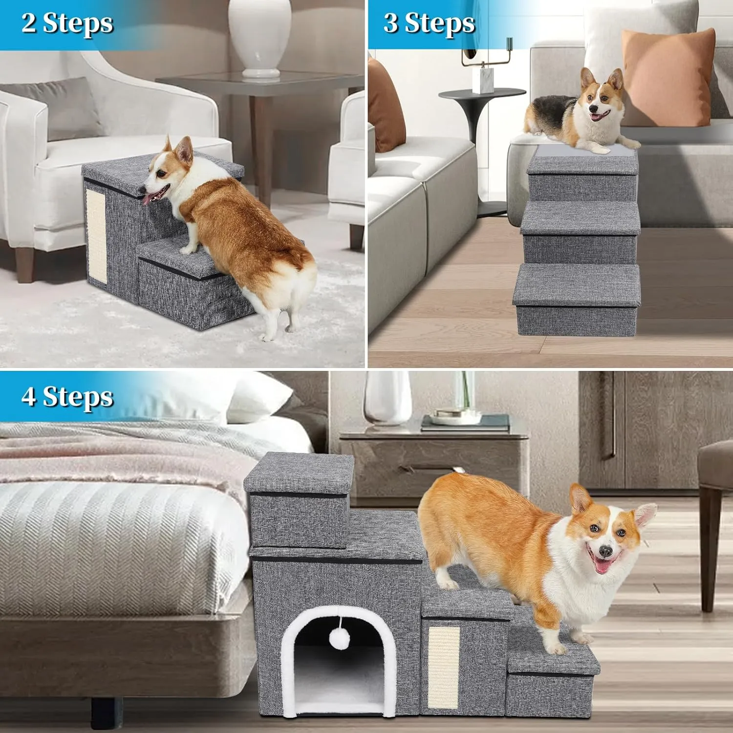 Dog Stairs for Bed and Couch 23H, Foldable Dog Stairs for Small Older Dogs, 4 in 1 Adjustable Pet Cat Steps Ramps with Storage, Condo, Cat Scratcher, Hold Up to 180LBS, 4 Steps