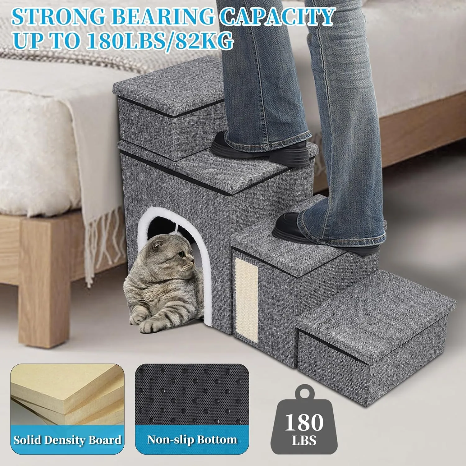 Dog Stairs for Bed and Couch 23H, Foldable Dog Stairs for Small Older Dogs, 4 in 1 Adjustable Pet Cat Steps Ramps with Storage, Condo, Cat Scratcher, Hold Up to 180LBS, 4 Steps