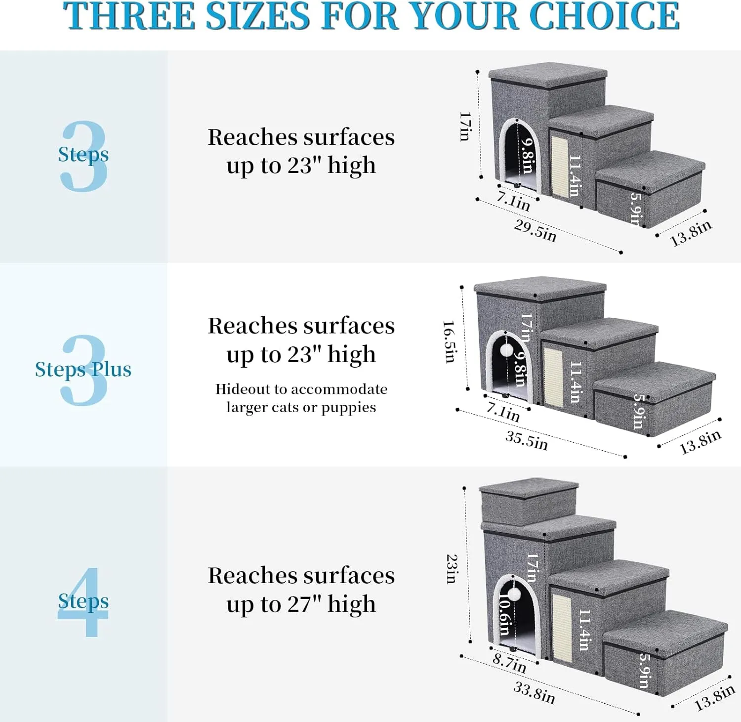 Dog Stairs for Bed and Couch 23H, Foldable Dog Stairs for Small Older Dogs, 4 in 1 Adjustable Pet Cat Steps Ramps with Storage, Condo, Cat Scratcher, Hold Up to 180LBS, 4 Steps