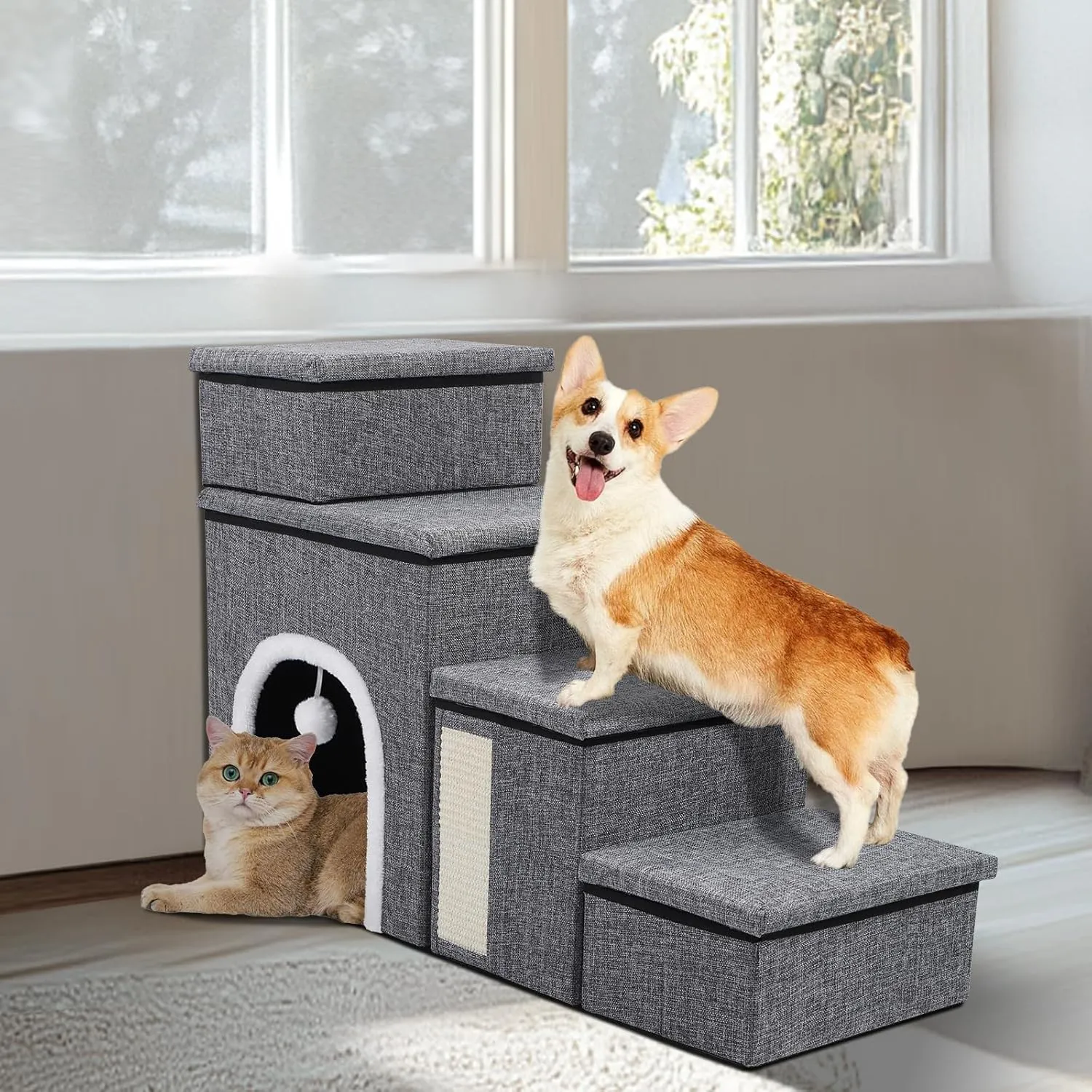 Dog Stairs for Bed and Couch 23H, Foldable Dog Stairs for Small Older Dogs, 4 in 1 Adjustable Pet Cat Steps Ramps with Storage, Condo, Cat Scratcher, Hold Up to 180LBS, 4 Steps