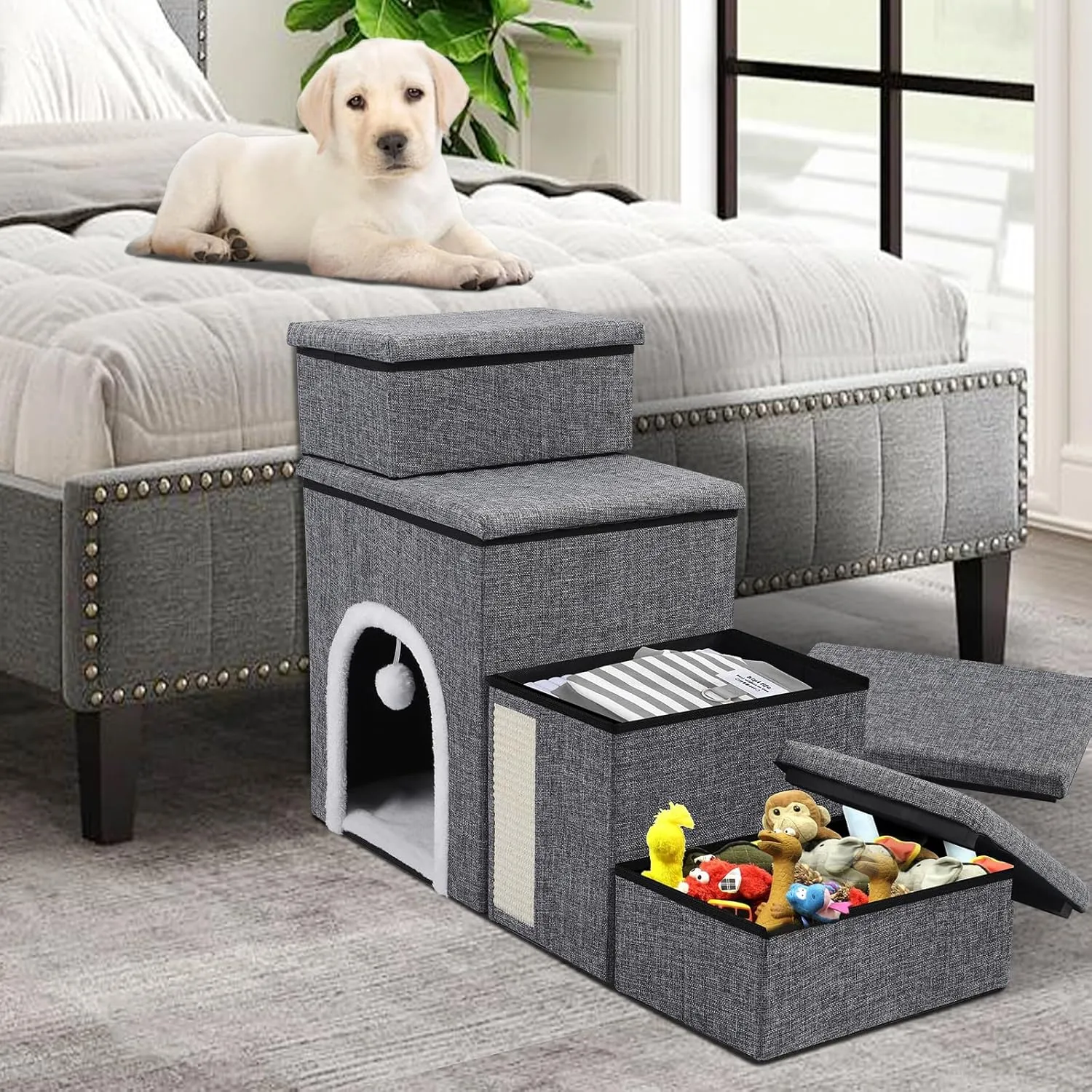 Dog Stairs for Bed and Couch 23H, Foldable Dog Stairs for Small Older Dogs, 4 in 1 Adjustable Pet Cat Steps Ramps with Storage, Condo, Cat Scratcher, Hold Up to 180LBS, 4 Steps