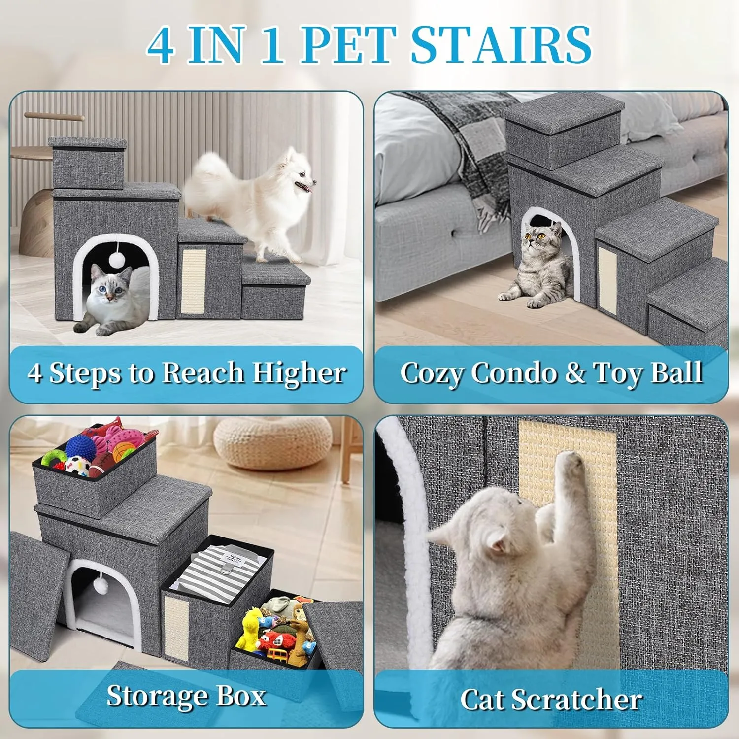 Dog Stairs for Bed and Couch 23H, Foldable Dog Stairs for Small Older Dogs, 4 in 1 Adjustable Pet Cat Steps Ramps with Storage, Condo, Cat Scratcher, Hold Up to 180LBS, 4 Steps