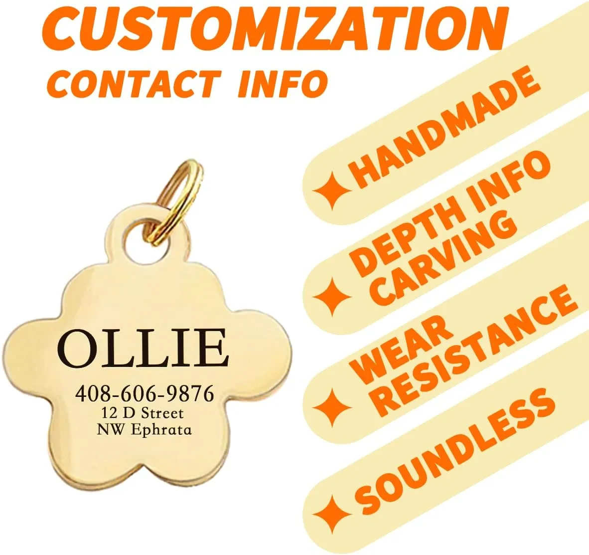 Dogs ID Tags Personalized Double Sided Deep Engraved Cat & Dog Collar Charm Paw Balloon Shape Brass
