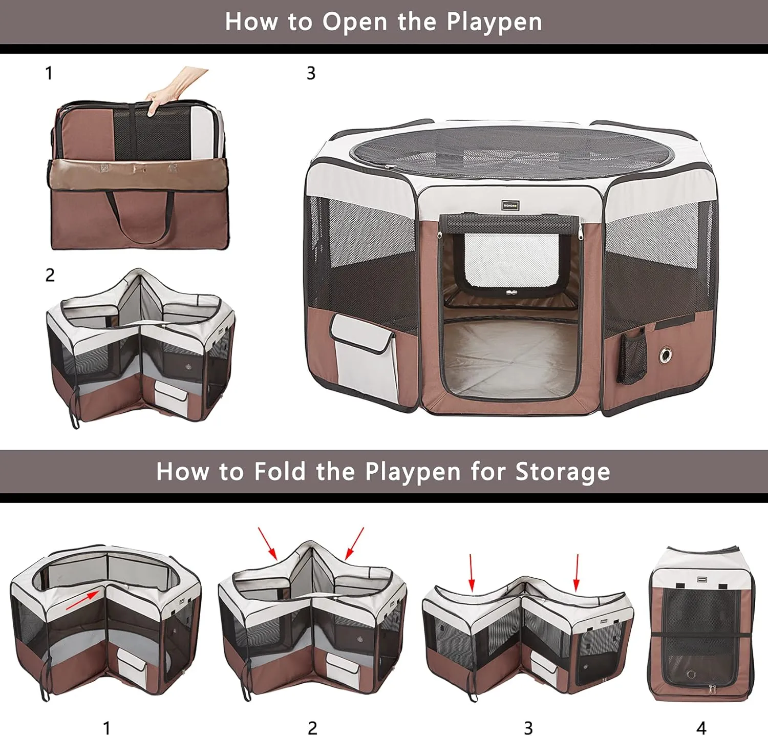 DONORO Dog Playpen 46" Portable Pet Play Pens for Small Medium Dogs, Foldable Exercise Kennel Tent Crate Indoor/Outdoor Travel Camping, Removable Top/Bottom (Brown, Large (46"x46"x23"), 8)