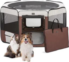 DONORO Dog Playpen 46" Portable Pet Play Pens for Small Medium Dogs, Foldable Exercise Kennel Tent Crate Indoor/Outdoor Travel Camping, Removable Top/Bottom (Brown, Large (46"x46"x23"), 8)
