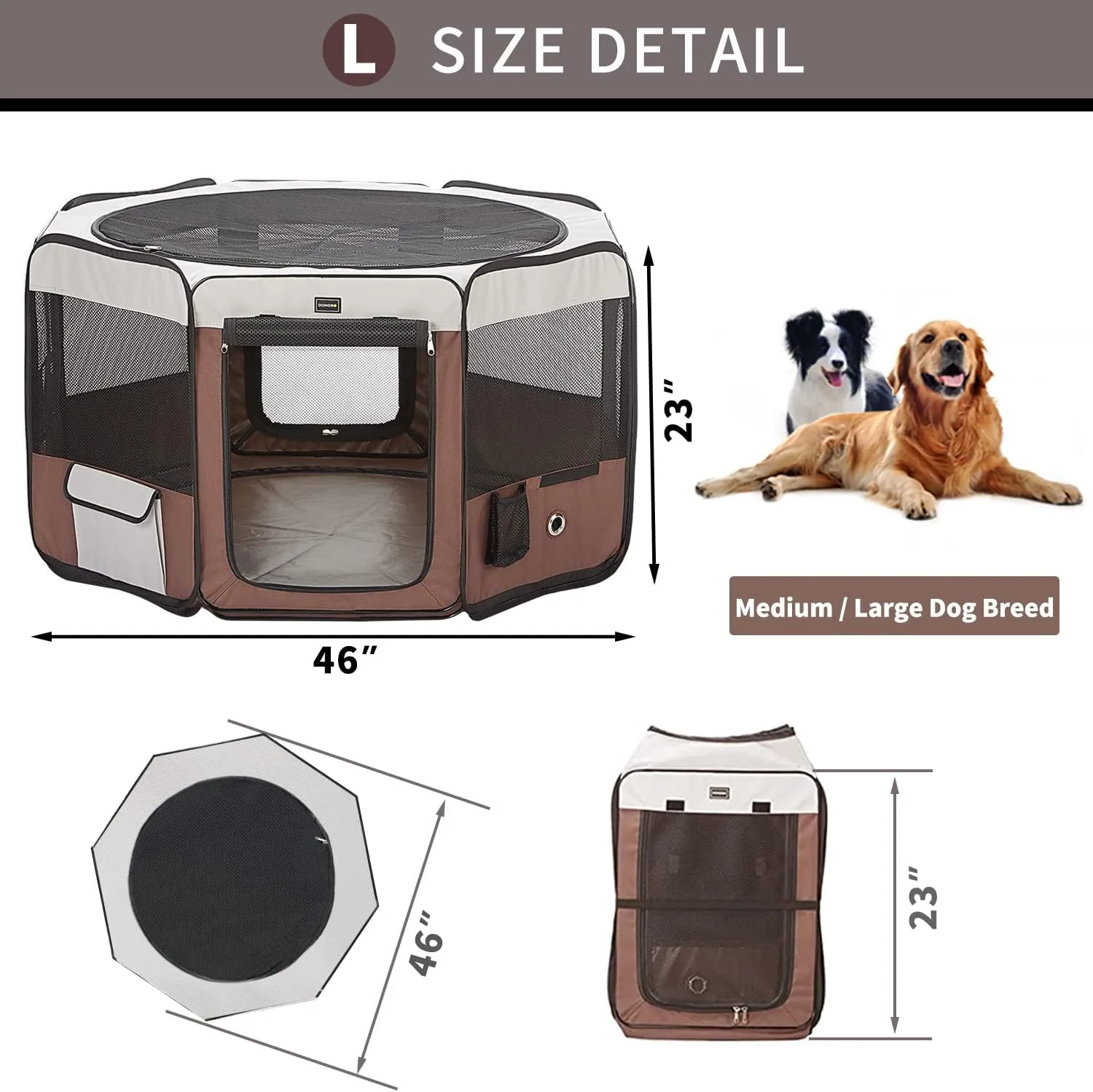 DONORO Dog Playpen 46" Portable Pet Play Pens for Small Medium Dogs, Foldable Exercise Kennel Tent Crate Indoor/Outdoor Travel Camping, Removable Top/Bottom (Brown, Large (46"x46"x23"), 8)