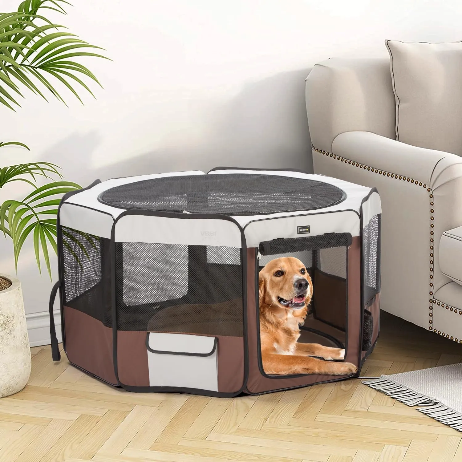 DONORO Dog Playpen 46" Portable Pet Play Pens for Small Medium Dogs, Foldable Exercise Kennel Tent Crate Indoor/Outdoor Travel Camping, Removable Top/Bottom (Brown, Large (46"x46"x23"), 8)
