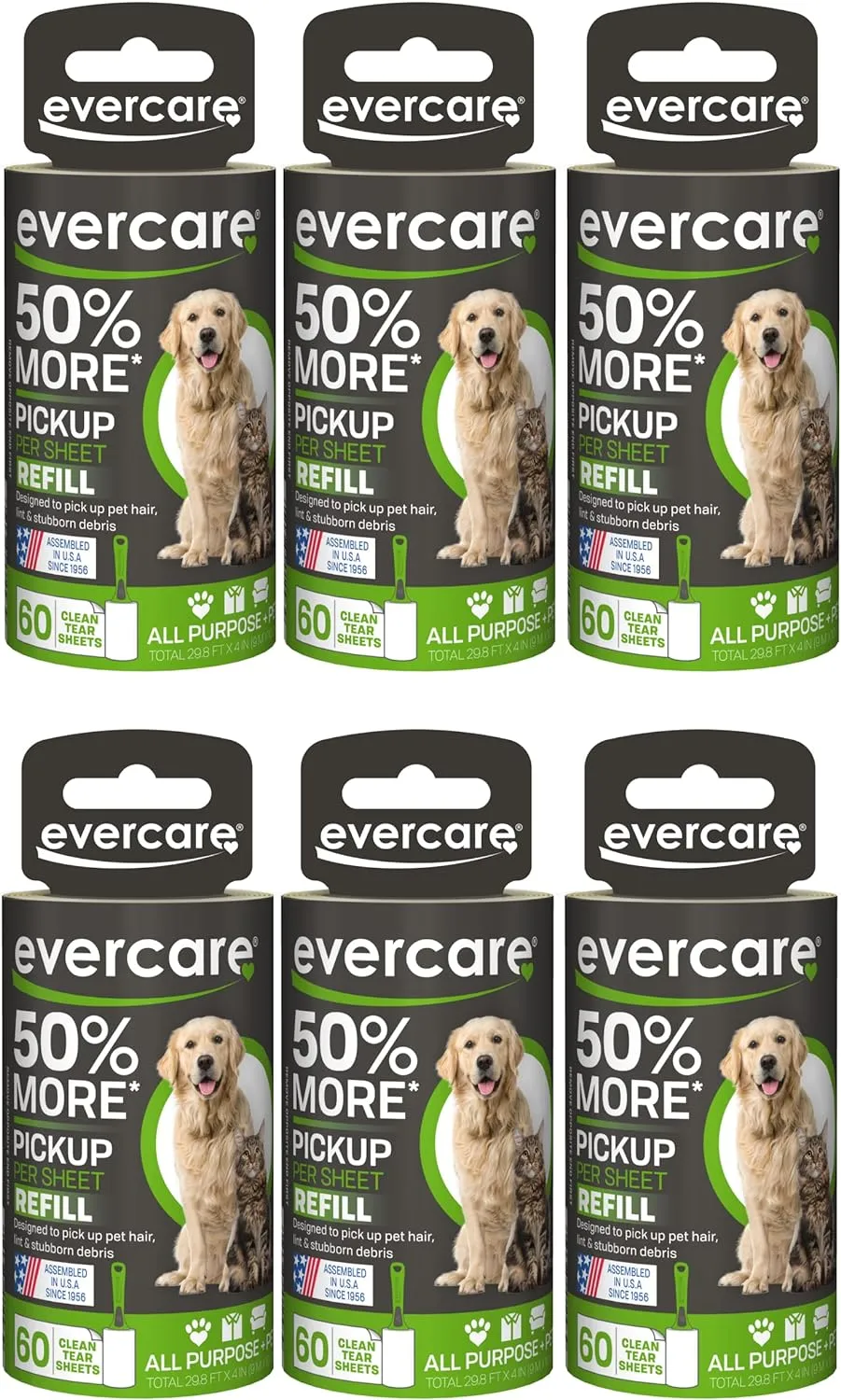 Evercare Extra Sticky Pet Lint Roller Refill 60 Sheets, 6-Pack