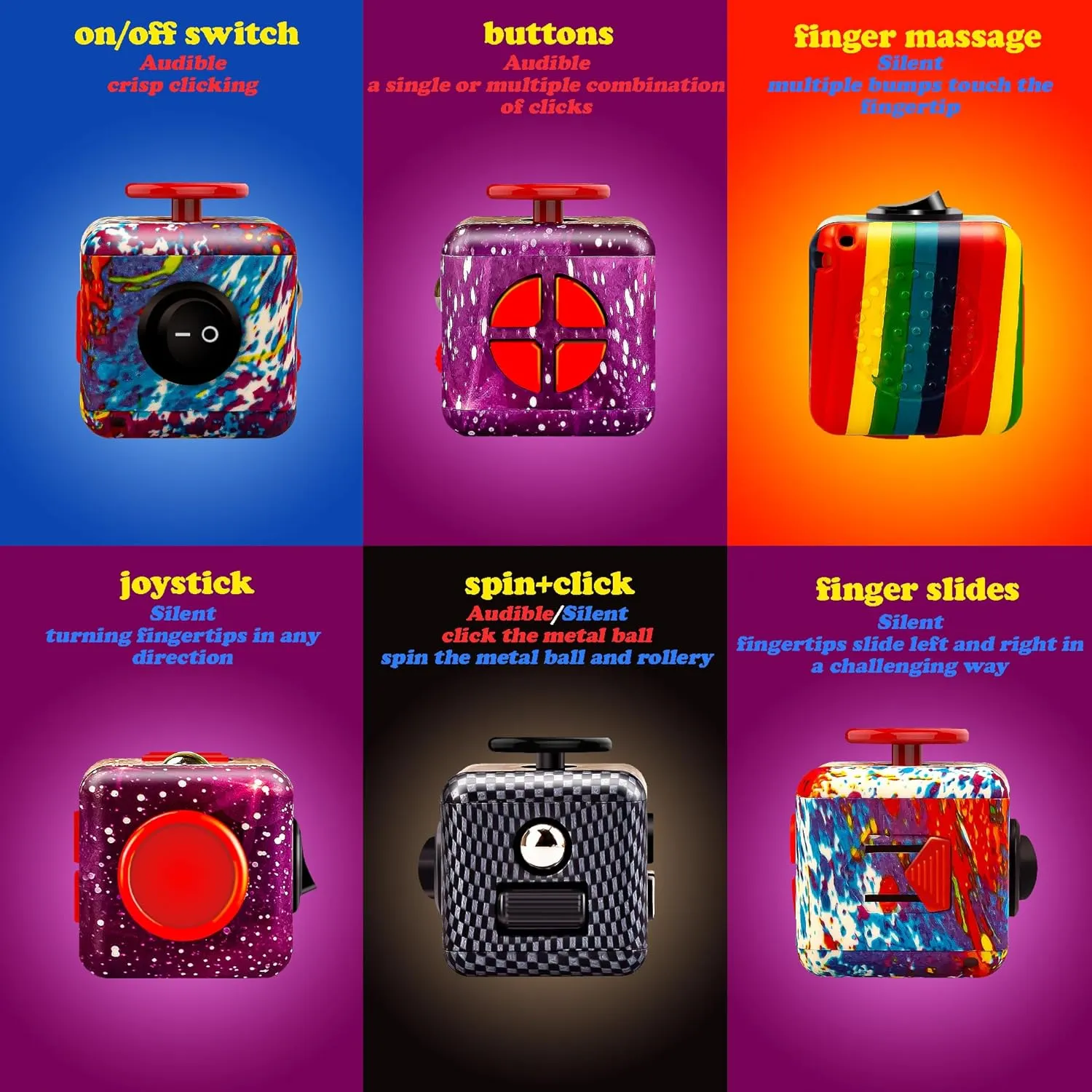 Fidget Toy Cube - Stress and Anxiety Relief with Audible/Silent Features - Ideal for Focus, Time Management, Sensory Needs of Adults/Kids, Includes Carry Case (Vivid-Splash)