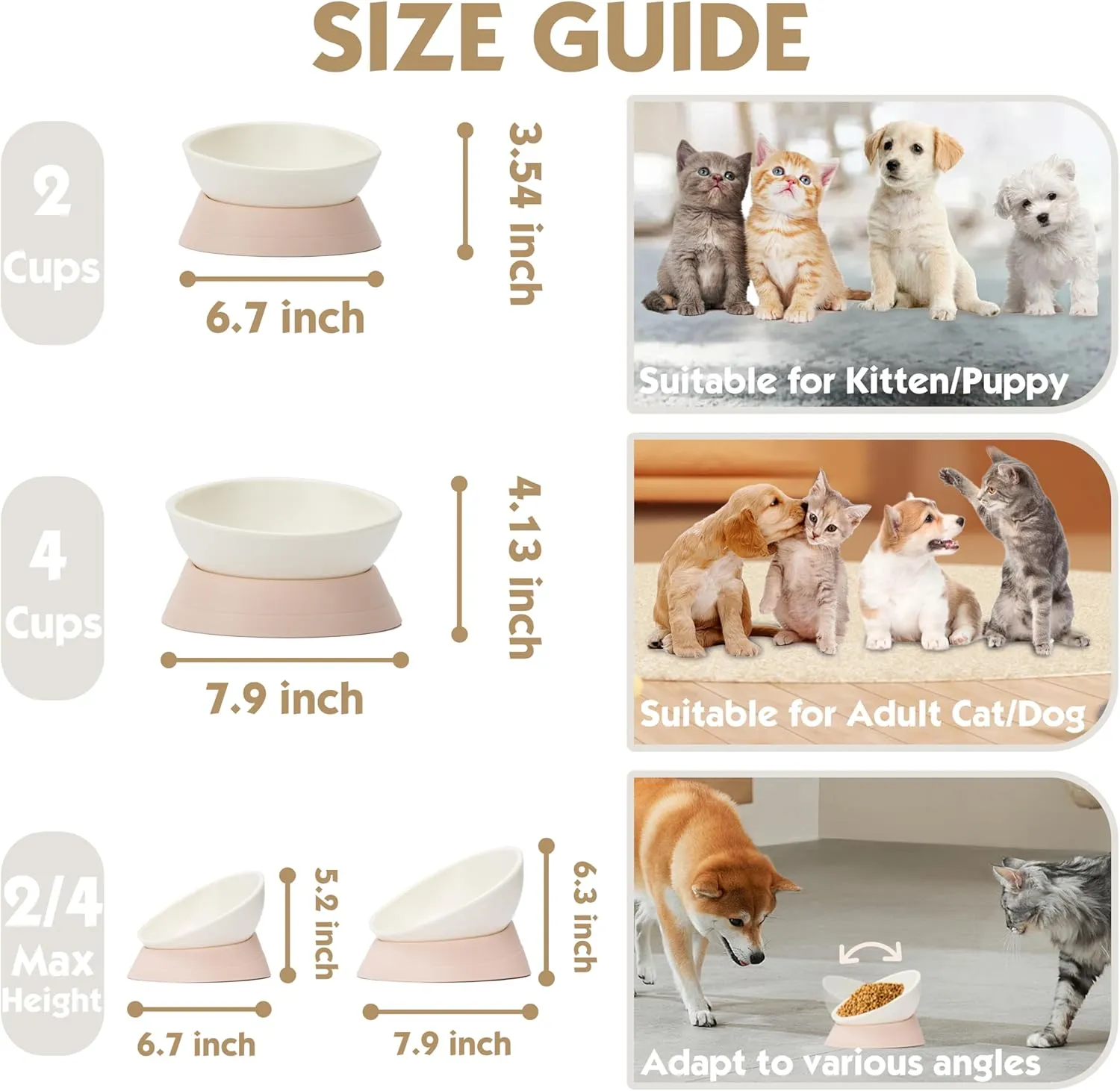 French Bulldog Food Bowl- Slanted Tilted Pug Food Water Bowl,Cat Bowl- Feeder for Frenchie/Shih Tzu/Flat Faced Small Dogs/Puppies/Cats (Lightpink, 2 Cup)