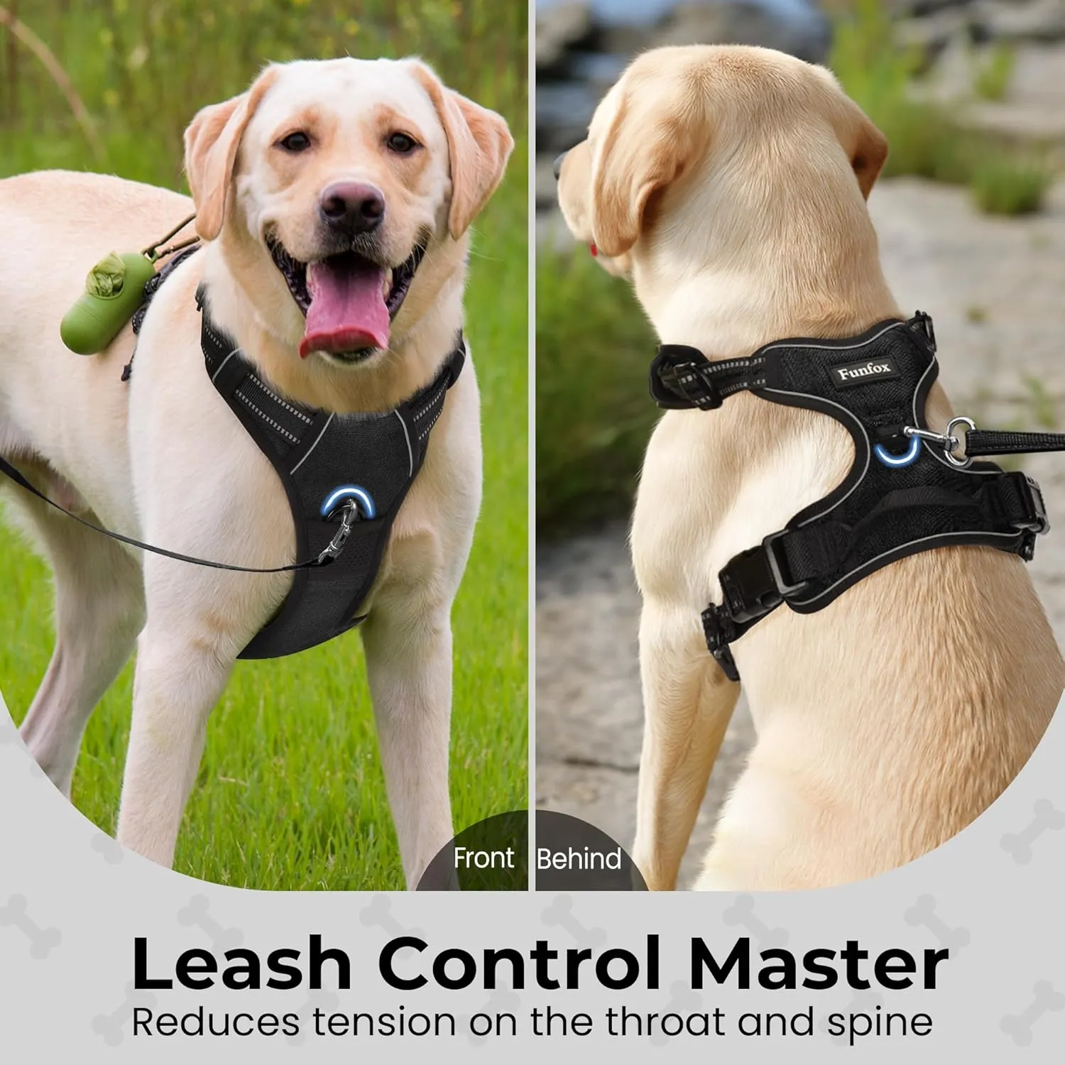 Funfox Dog Harness No Pull, Adjustable Pet Vest Harness Black XL with Handle, 2 Leash Clips for Daily Walking Easy Control, Soft Durable Reflective Comfortable for X-Large Breed Dogs