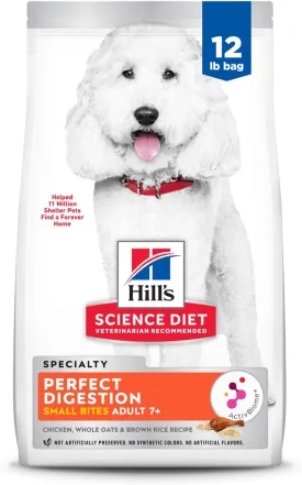 Hill's Science Diet Perfect Digestion, Senior Adult 7 , Digestive Support, Small Kibble, Dry Dog Food, Chicken, Brown Rice, & Whole Oats, 12 lb Bag