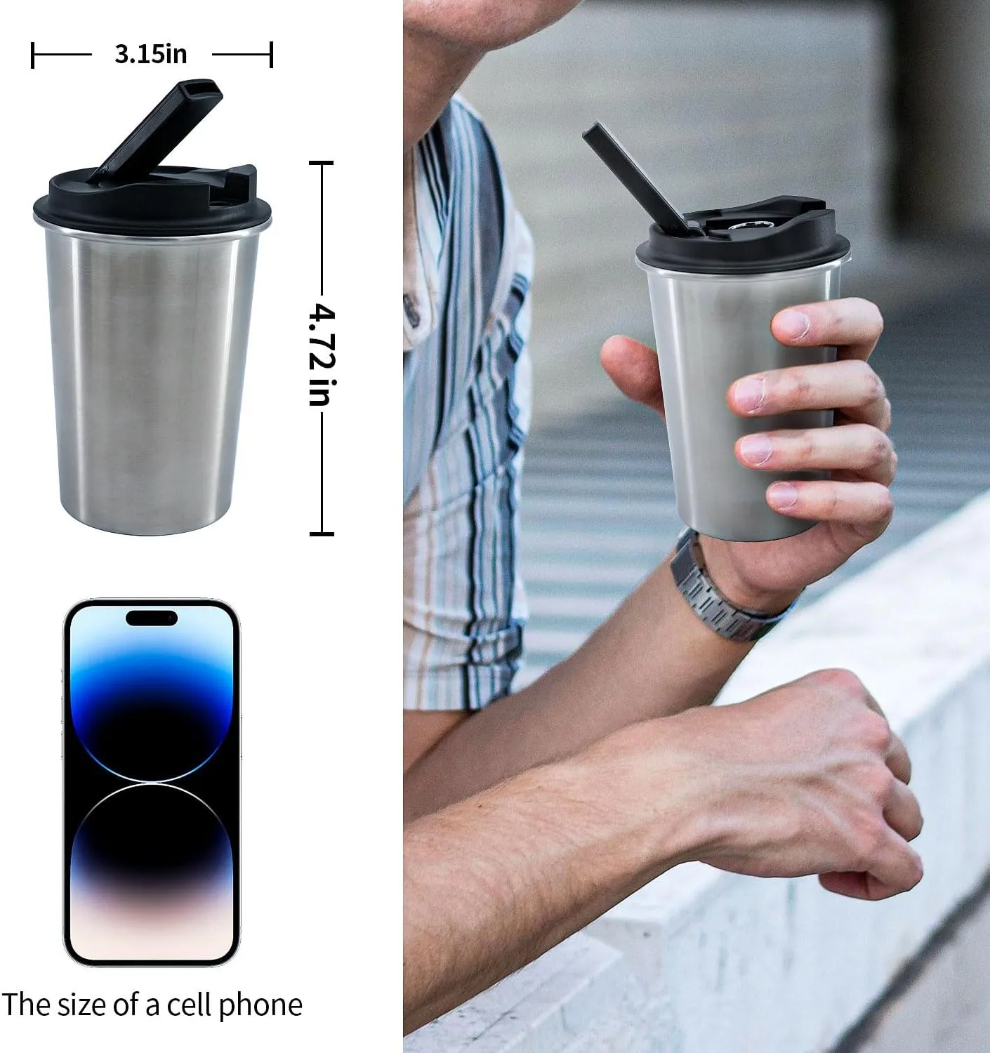 Insulated Stainless Steel Travel Mug with Heat-Resistant Silicone Lid | Discreet Reusable Cup for Camping, Hiking & Outdoor Activities (Black)