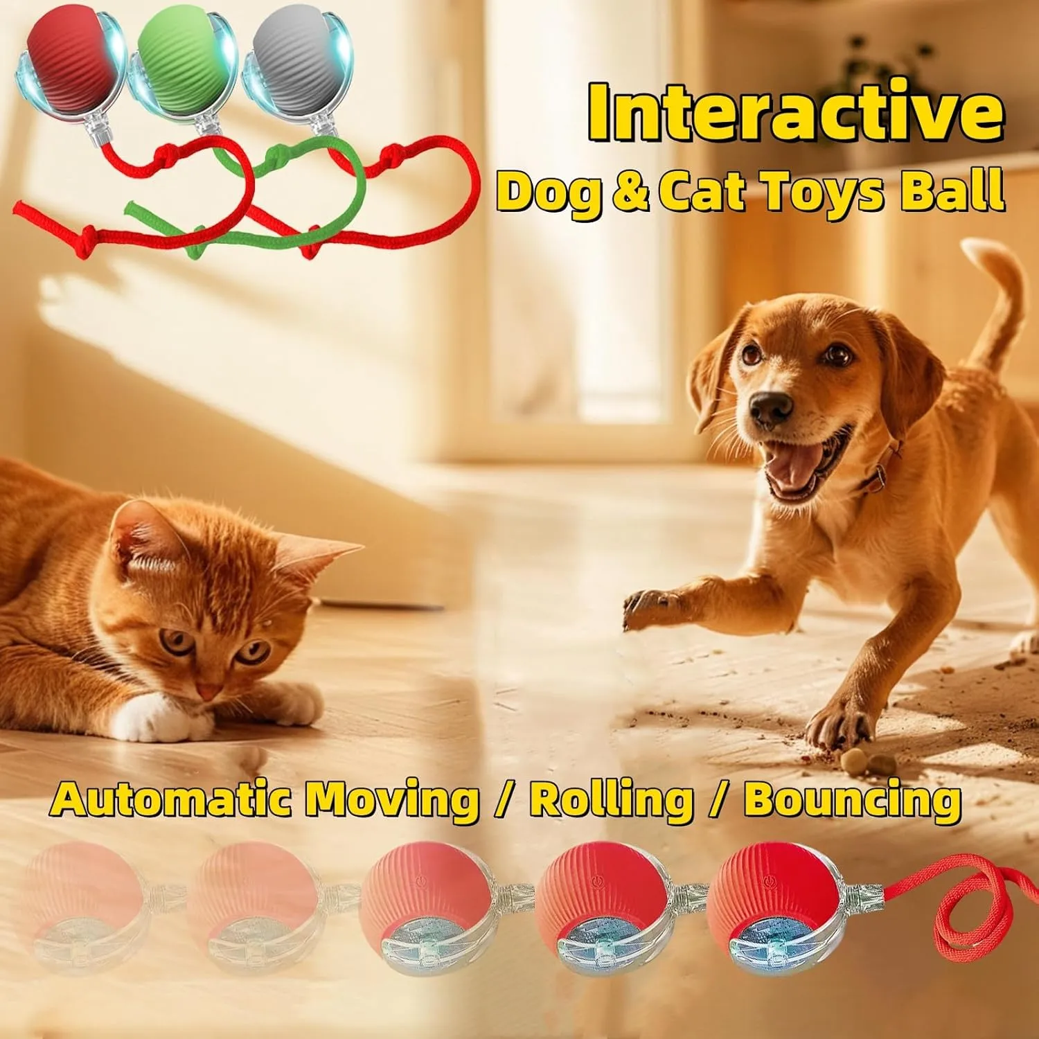 Interactive Dog Cat Toy Ball, Automatic Moving Bouncing Rolling, with Replacement Tail, Pet Smart Chase Ball Rechargeable, Enrichment Toys for Bored Indoor Adult Cats/Dogs (Grey)
