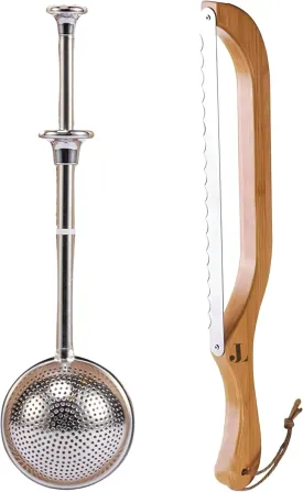 Introducing The Clean-Slice Sourdough Bread Bow Knife With Slicing Guide & Scoop And Dust Flour Sifter Sugar Shaker 2pc Combo: An Artisan Wooden Saw For Sourdough Baking & Flour Wand