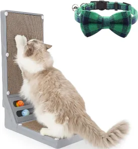 Joytale L Shaped Cat Scratcher and Cat Collar with Bells Set, Interactive Cat Scratching Board with 2 Ball Toys and 1 Pack Breakaway Cat Collars with Bow Tie, Green