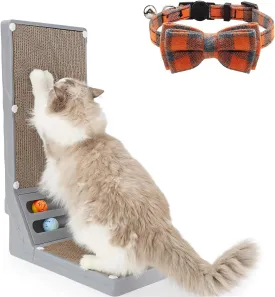 Joytale L Shaped Cat Scratcher and Cat Collar with Bells Set, Interactive Cat Scratching Board with 2 Ball Toys and 1 Pack Breakaway Cat Collars with Bow Tie, Orange