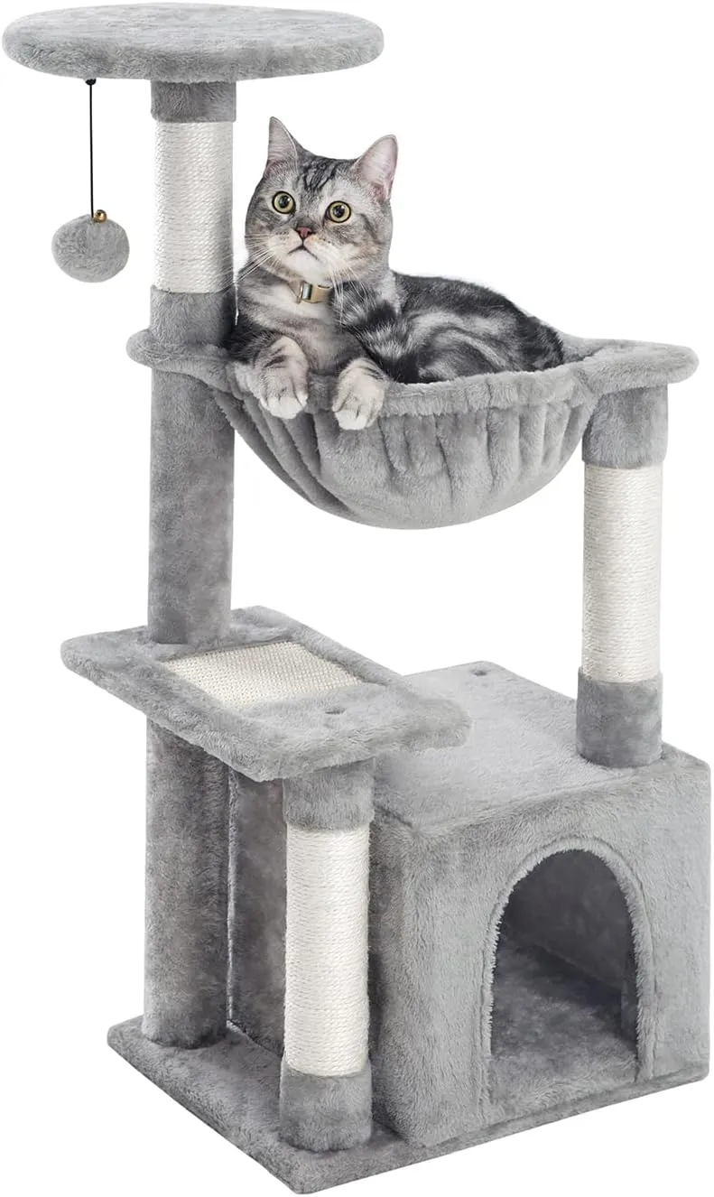 Kilodor Cat Tree, Small Cat Condo Tower with Hammock, Sisal Scratching Post for Kitten (Gray)