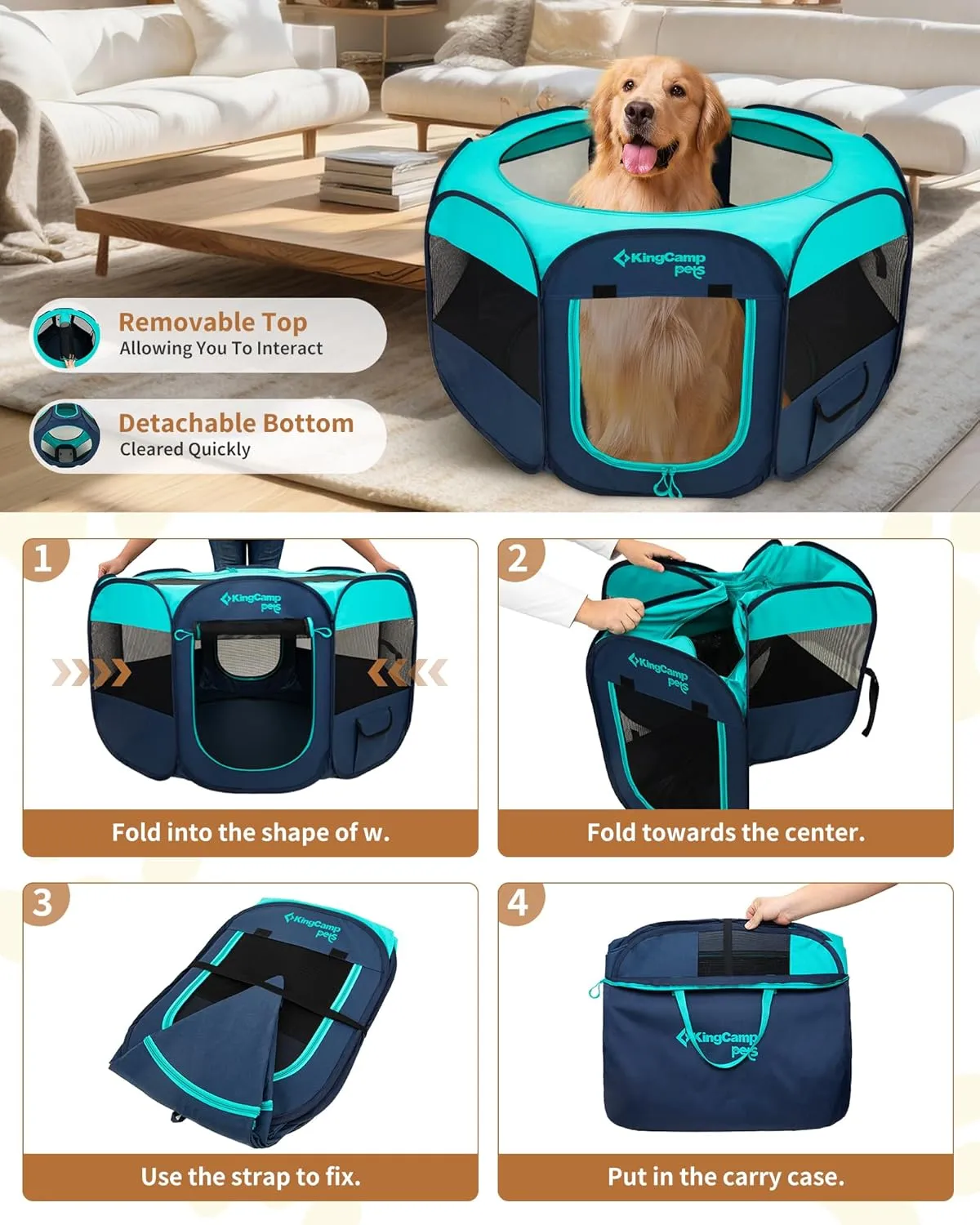 KingCamp Dog Playpen, Portable Foldable Cat Kitten Puppy Tent Crates 29"/36"/50" Pop Up Pet Playpen with Zippered Bottom & Cover for Indoor Outdoor Use (X-Large, Green)