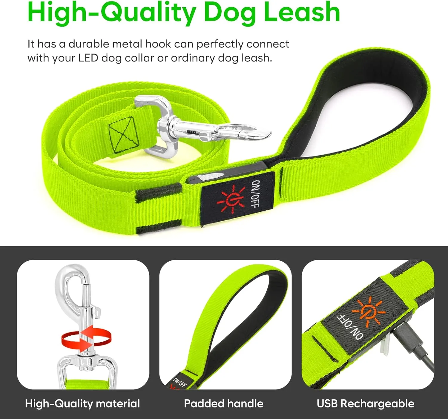 LED Light Up Dog Leash 3 Lighting Modes USB Rechargeable, High Visibility Up to 400 Yards Safety Glow in The Dark Dog Leash for Large Medium Small Pets