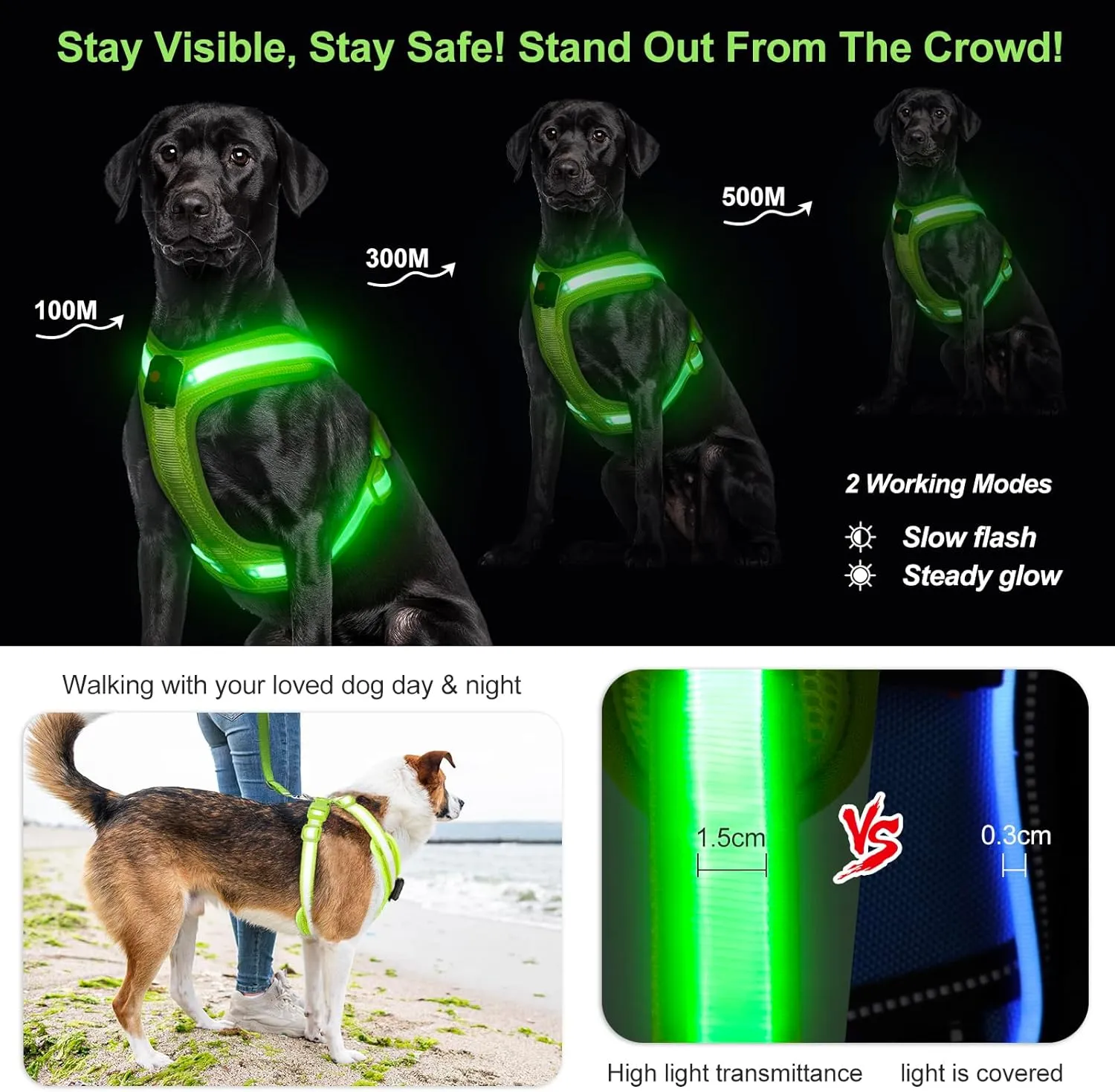 Light Up Dog Harness - LED Dog Harness Rechargeable, No Choke Illuminated Glow Dark Harness Vest Waterproof for Medium Large Dogs for Camping Night Safety Walking-Green,L