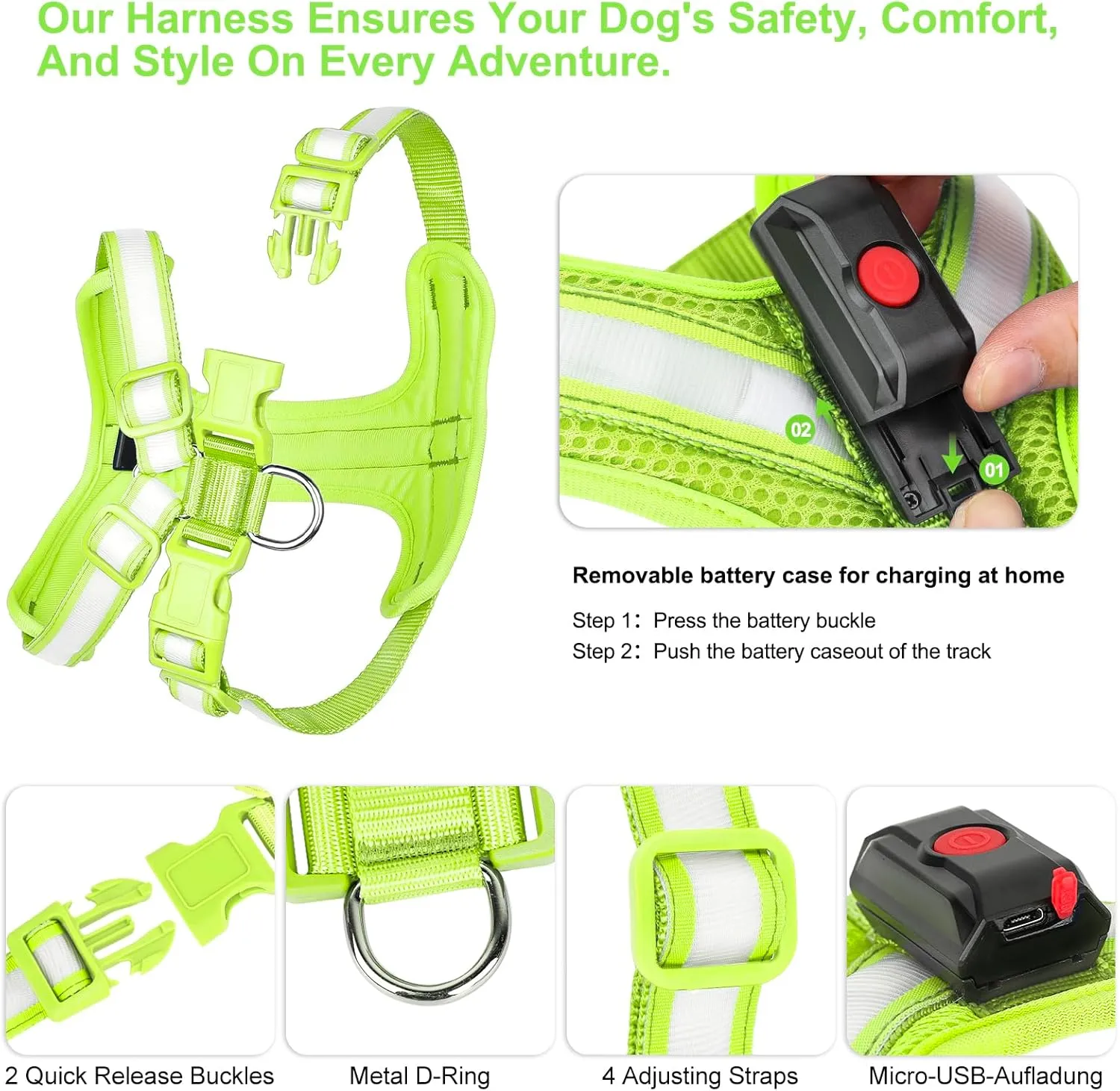 Light Up Dog Harness - LED Dog Harness Rechargeable, No Choke Illuminated Glow Dark Harness Vest Waterproof for Medium Large Dogs for Camping Night Safety Walking-Green,L