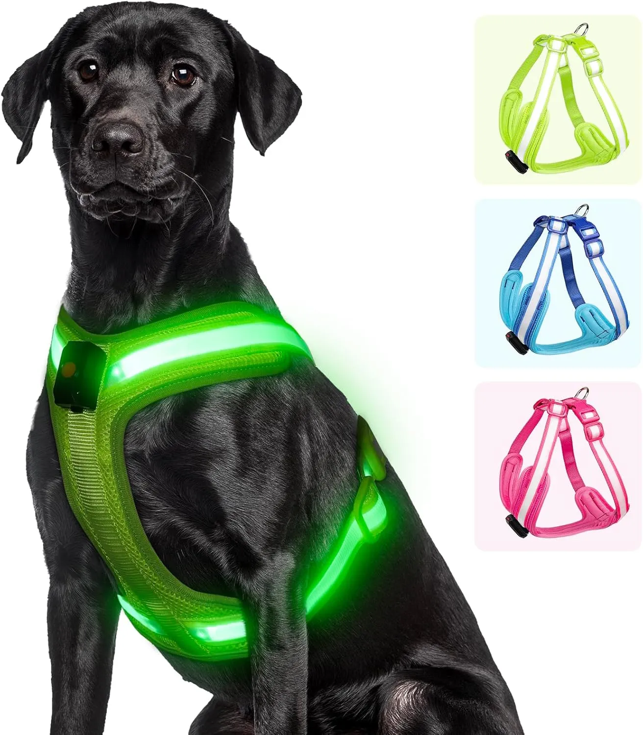 Light Up Dog Harness - LED Dog Harness Rechargeable, No Choke Illuminated Glow Dark Harness Vest Waterproof for Medium Large Dogs for Camping Night Safety Walking-Green,L