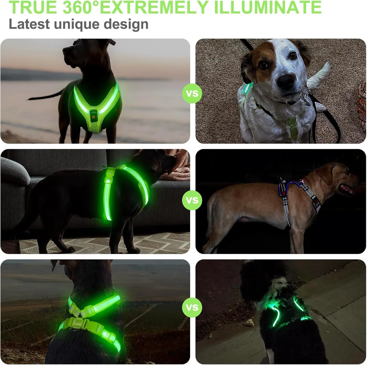 Light Up Dog Harness - LED Dog Harness Rechargeable, No Choke Illuminated Glow Dark Harness Vest Waterproof for Medium Large Dogs for Camping Night Safety Walking-Green,L