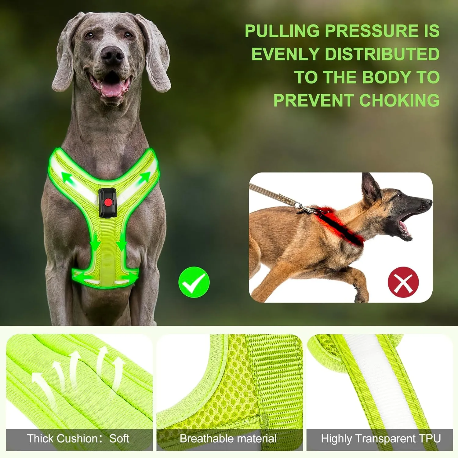 Light Up Dog Harness - LED Dog Harness Rechargeable, No Choke Illuminated Glow Dark Harness Vest Waterproof for Medium Large Dogs for Camping Night Safety Walking-Green,L