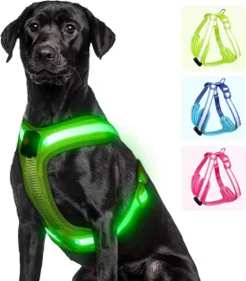 Light Up Dog Harness - LED Dog Harness Rechargeable, No Choke Illuminated Glow Dark Harness Vest Waterproof for Medium Large Dogs for Camping Night Safety Walking-Green,L