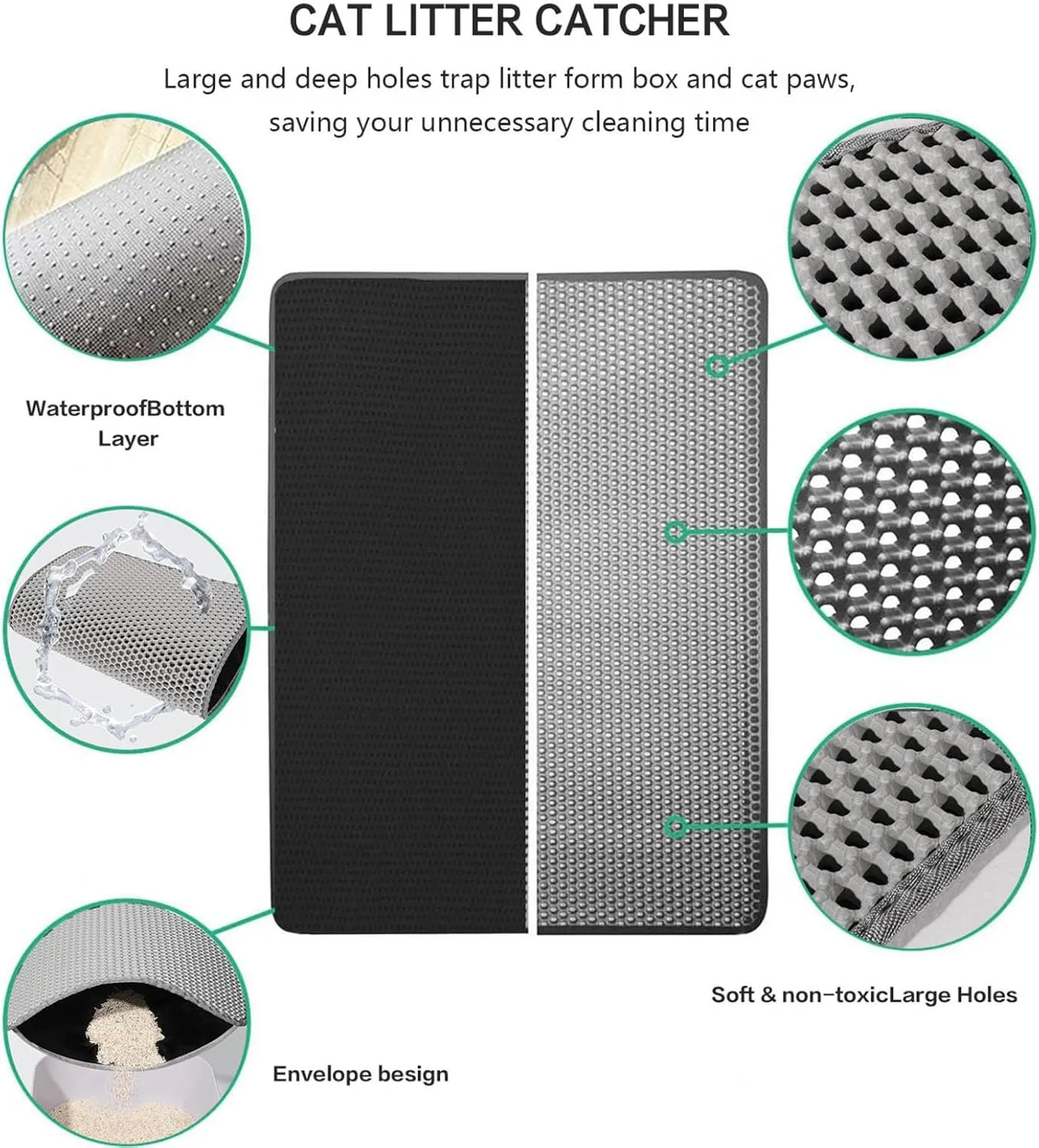 Litter Mat, 24X35In/26X46In Double Layer Easy Clean Cat Litter Trap Mats Cat Litter Box Mats for Floor, Less Waste,Soft On Paws,Non-Slip,24X35In-Black