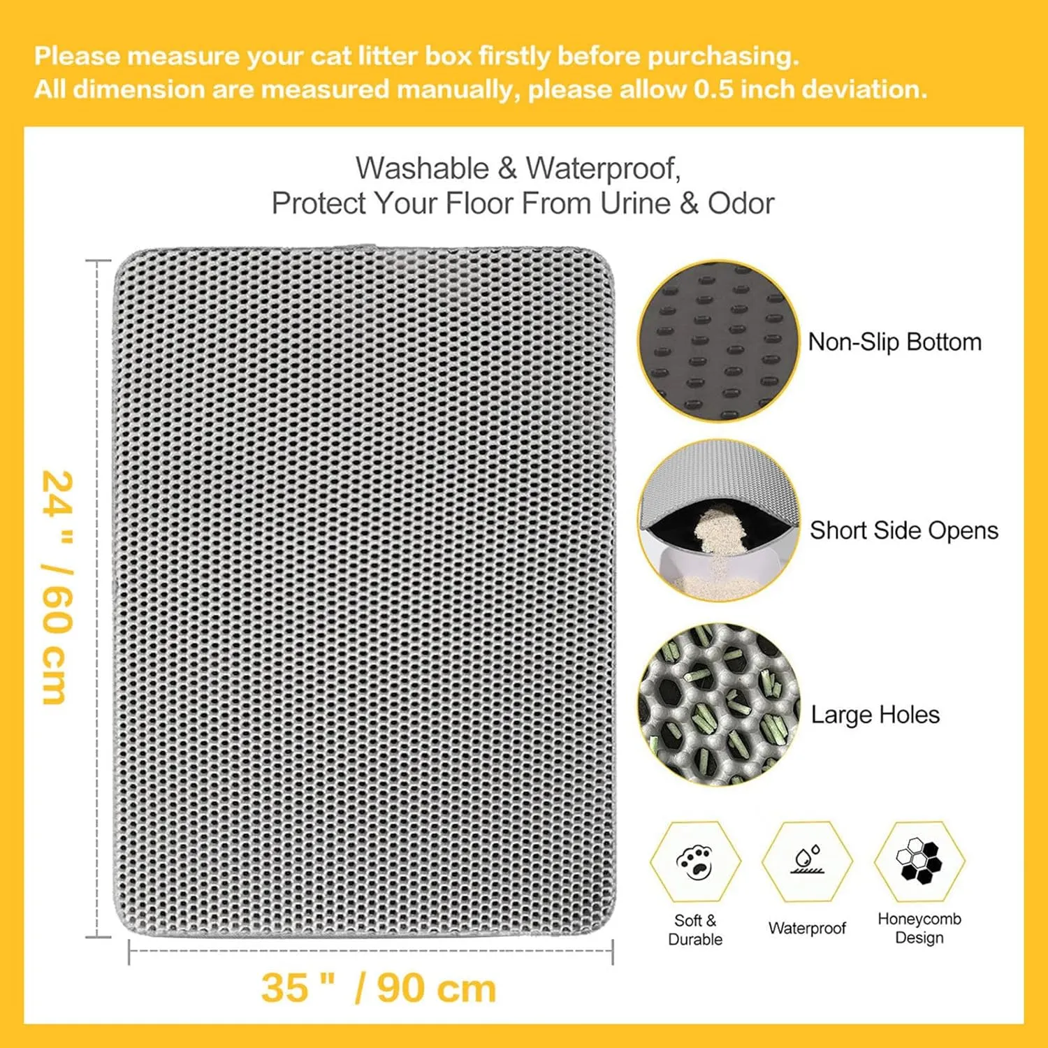 Litter Mat, 24X35In/26X46In Double Layer Easy Clean Cat Litter Trap Mats Cat Litter Box Mats for Floor, Less Waste,Soft On Paws,Non-Slip,24X35In-Black