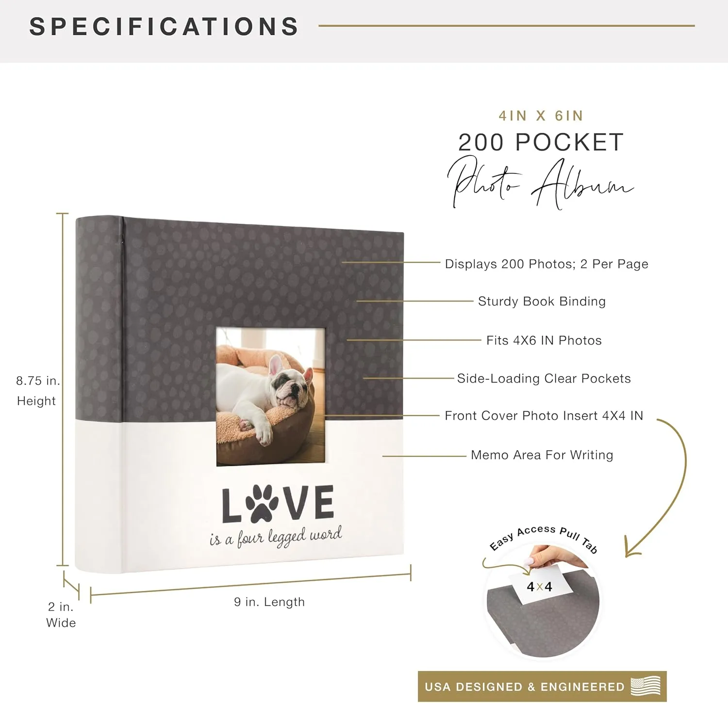 MCS Love Is A Four Legged Word Photo Album Holds 200 4x6 Pet Photos with Memo Space, Cream Cover, Clear Side-Loading PocketsDog & Cat Memory Book for Pet Owners  A Thoughtful Gift for Animal Lovers
