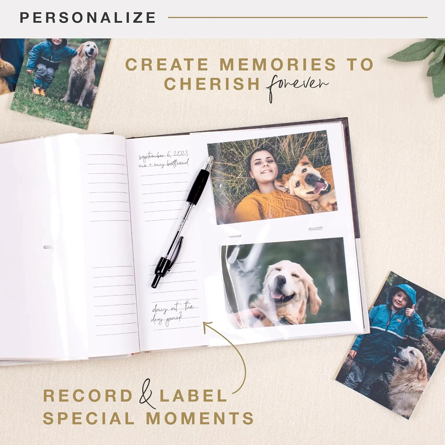 MCS Love Is A Four Legged Word Photo Album Holds 200 4x6 Pet Photos with Memo Space, Cream Cover, Clear Side-Loading PocketsDog & Cat Memory Book for Pet Owners  A Thoughtful Gift for Animal Lovers