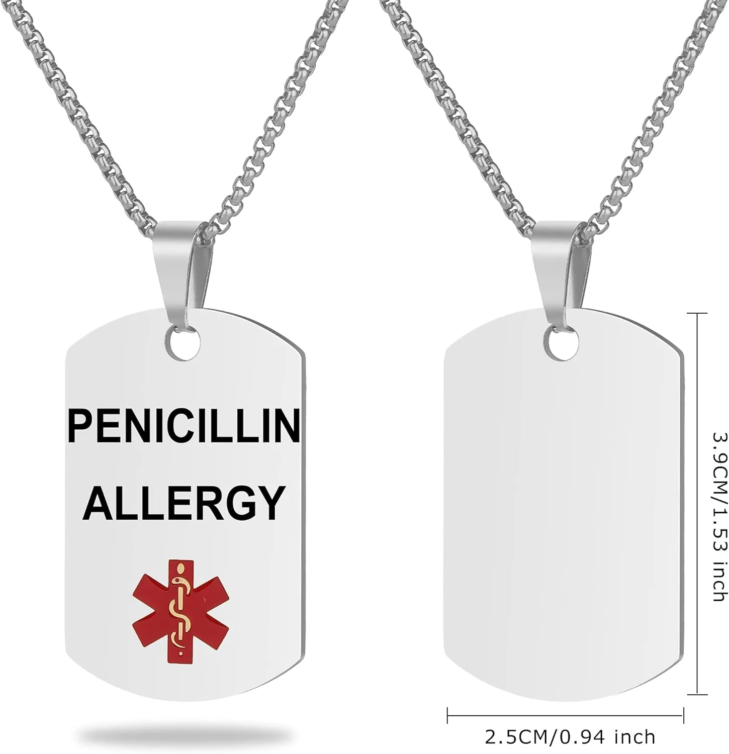 Medical Alert Necklace Laser engraved Tag Custom Engraving Stainless Steel ID Tag Pendant for Men Women