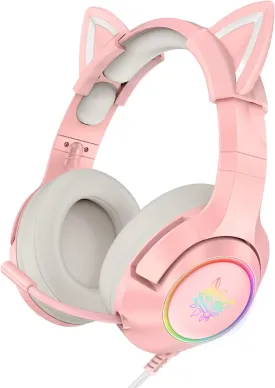 Pink Gaming Headset with Mic, Compatible with PS4 PS5 Xbox One(Adapter Not Included) PC Mobile Phone, Removable Cat Ear Surround Sound Headphone with RGB for Girls Women
