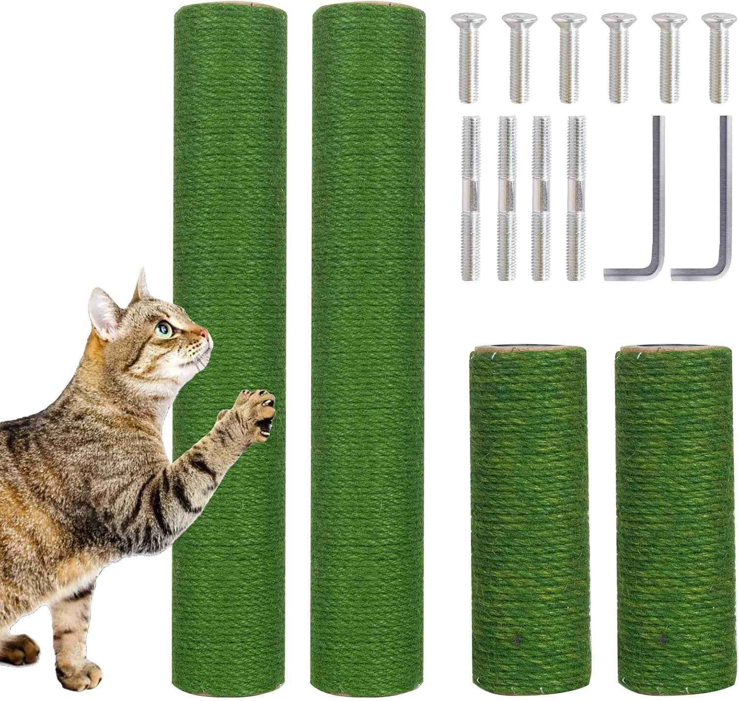 PowerKing Natural Sisal Replacement Scratching Post, 4 Pieces M8 Cat Scratch Post Refill Pole Parts for Refurbishment, White, Include Screws (Green-15.7'' 15.7'' 7.87'' 7.87'')