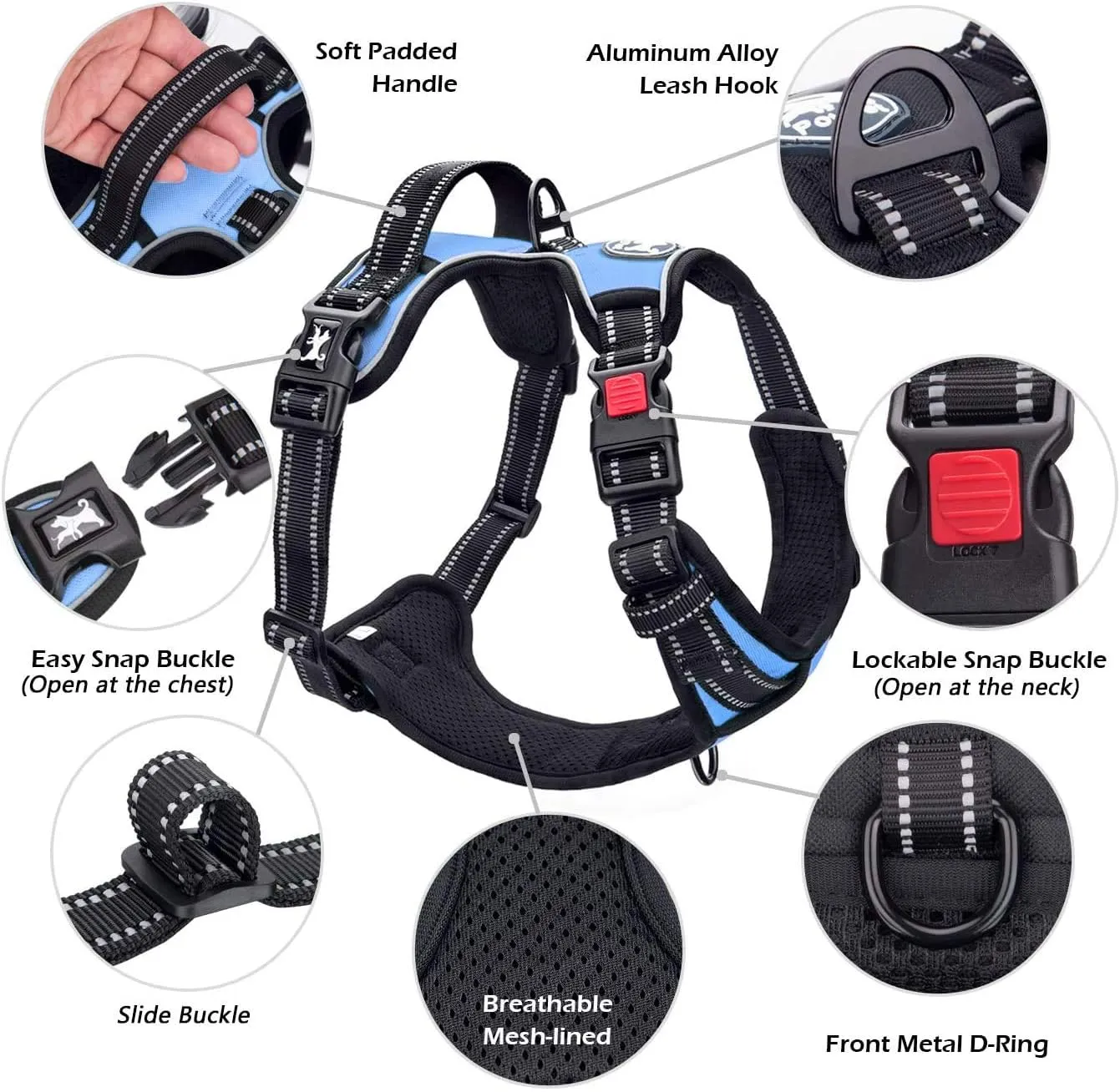 PoyPet No Pull Dog Harness, No Choke Front Lead Dog Reflective Harness, Adjustable Soft Padded Pet Vest with Easy Control Handle for Small to Large Dogs(Light Blue,S)