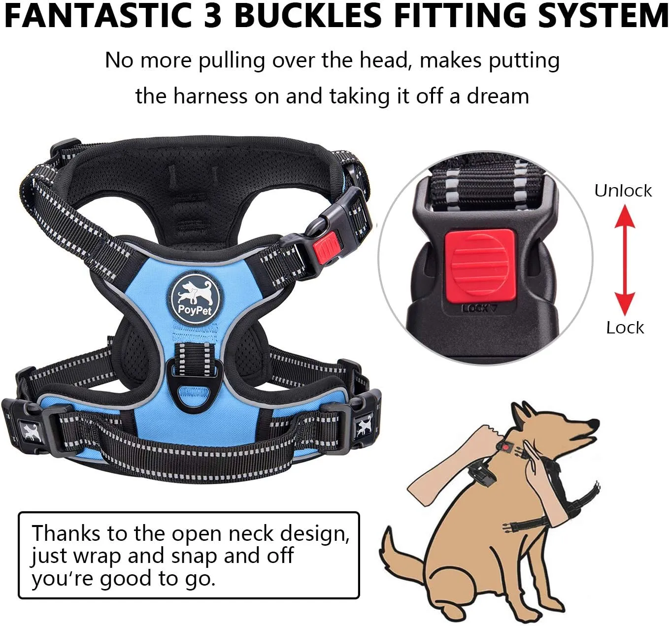 PoyPet No Pull Dog Harness, No Choke Front Lead Dog Reflective Harness, Adjustable Soft Padded Pet Vest with Easy Control Handle for Small to Large Dogs(Light Blue,S)