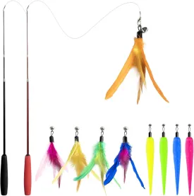 Retractable Cat Wand Toy with Feather Refills - Interactive Durable Teaser for Indoor Cats to Exercise, Chase & Jump (9 Replaceable Attachments)