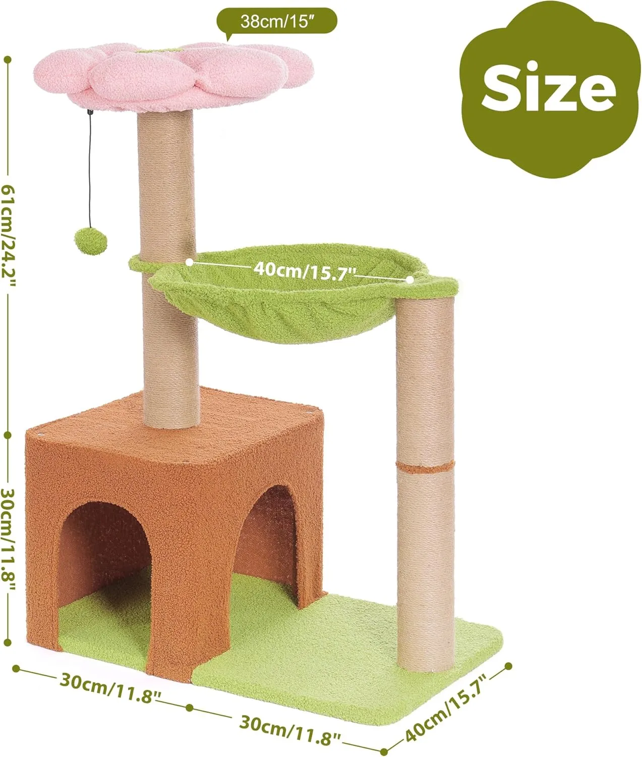Small Cat Tree Cute Cat Tower 36 Flower Cat Scratching Post with Large Cat Hammock Dia 15.7 and Flower Cat Perch Spacious Cat Condo for Indoor Cats-Pink