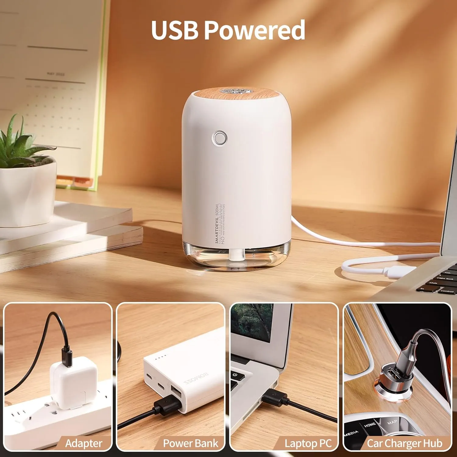 SmartDevil Portable Mini Humidifier, 500ml USB Personal Desktop Humidifier for Bedroom, Office with Night Light, 2 Mist Modes, White
