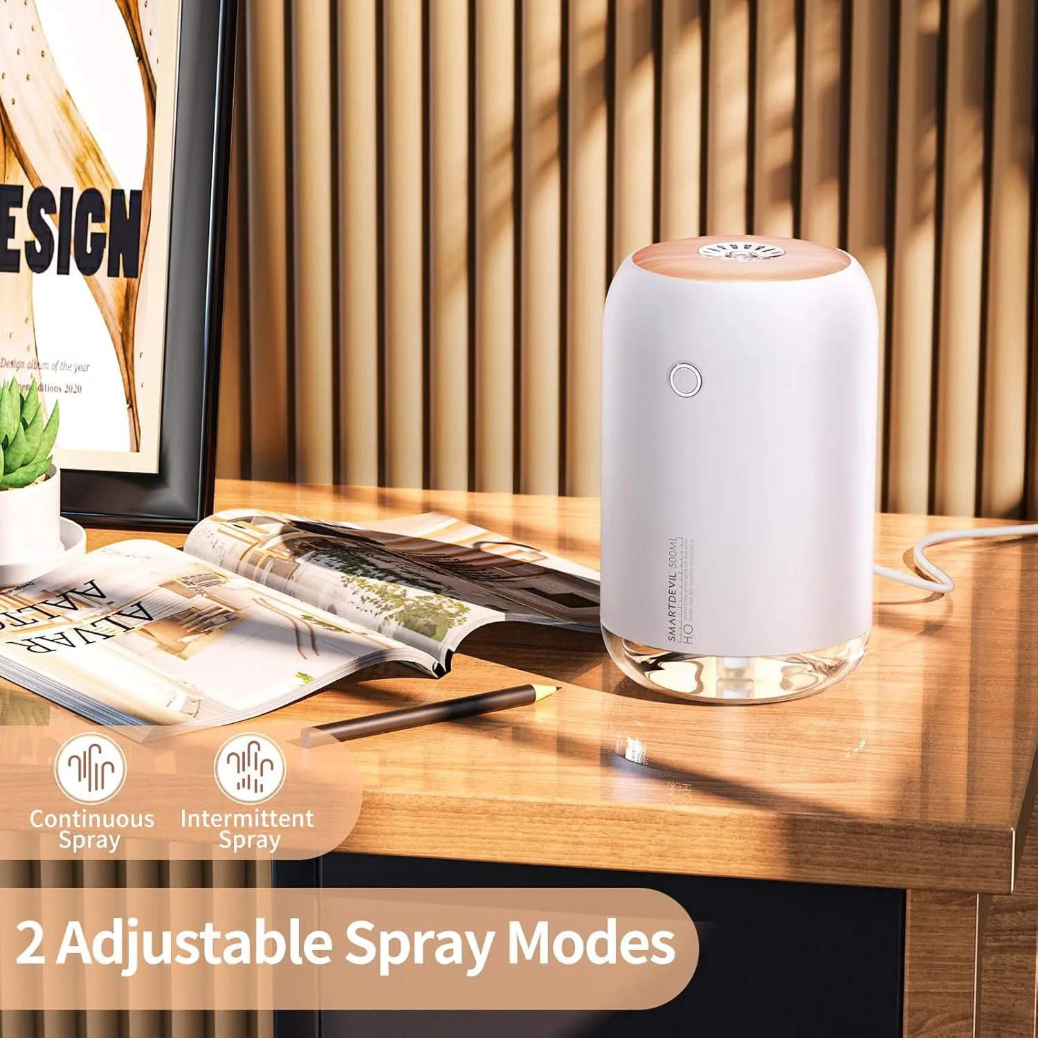 SmartDevil Portable Mini Humidifier, 500ml USB Personal Desktop Humidifier for Bedroom, Office with Night Light, 2 Mist Modes, White
