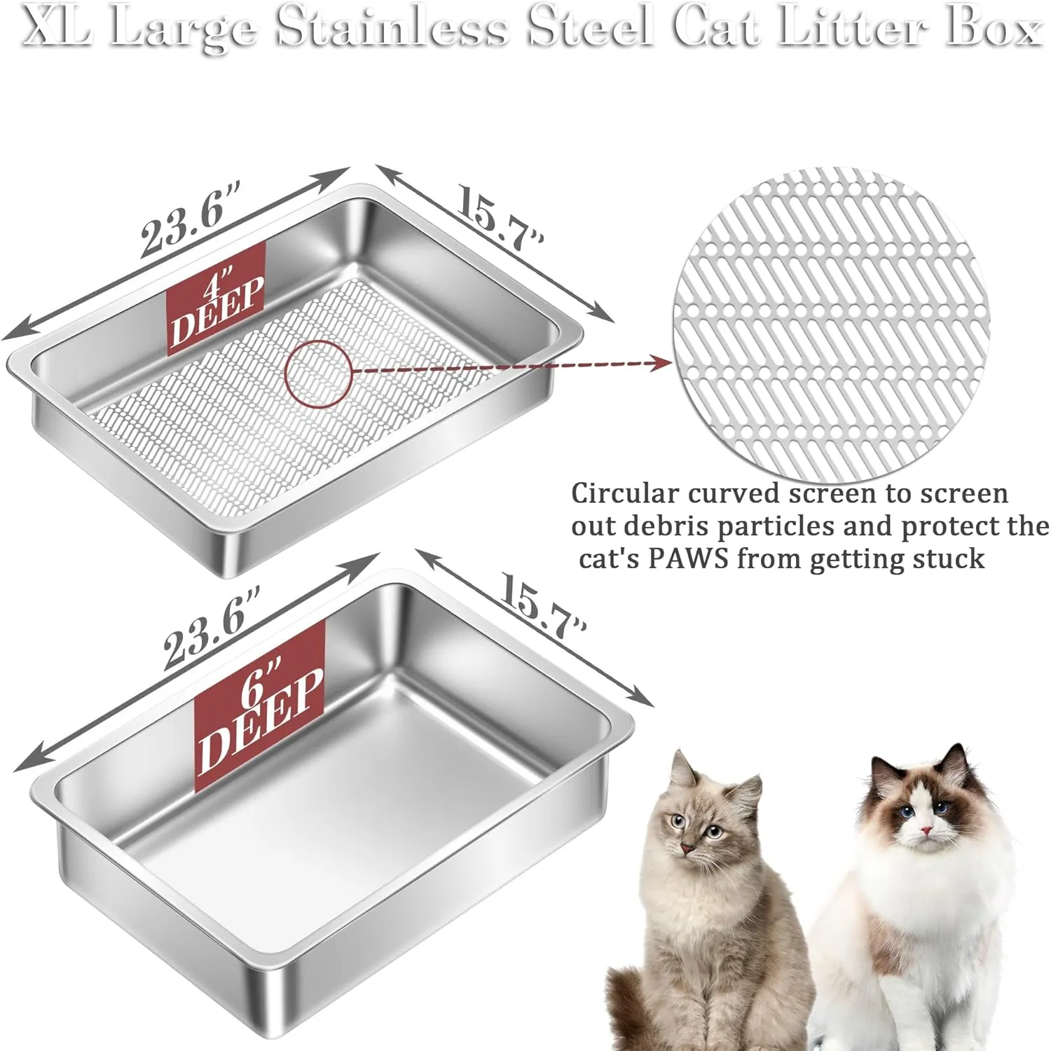 Stainless Steel Sifting Cat Litter Box for Pine Pellets, XL Extra Large Metal Cat Litter Box Sifter Pan with Litter Scoop, Low Dust, Odor Control, Easy Cleaning