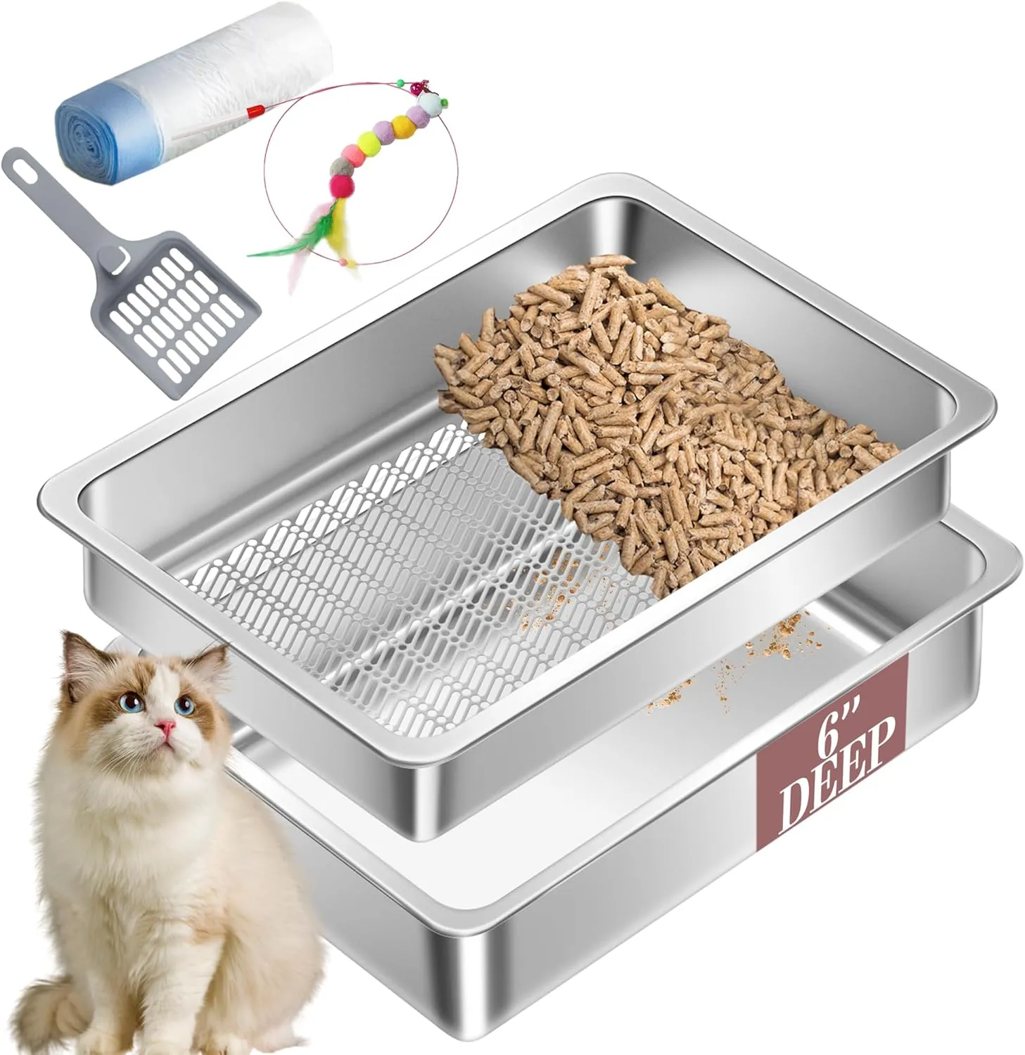 Stainless Steel Sifting Cat Litter Box for Pine Pellets, XL Extra Large Metal Cat Litter Box Sifter Pan with Litter Scoop, Low Dust, Odor Control, Easy Cleaning